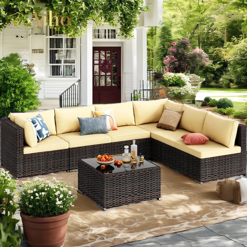 7 Piece Patio Furniture Sets, Outdoor Sectional Sofa with Glass Coffee Table & Cushions for Patio - Beige
