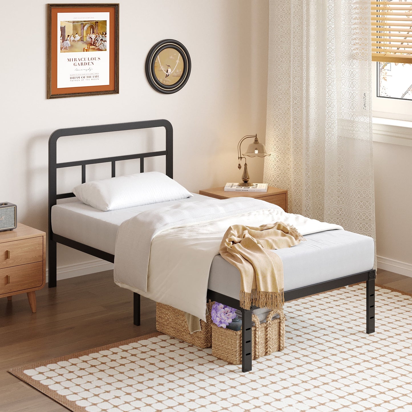 Metal Platform California King Bed Frames with Headboard, 14 Inch No Box Spring Needed Heavy Duty Steel Slat Mattress Foundation/Easy Assembly/Noise Free/Black