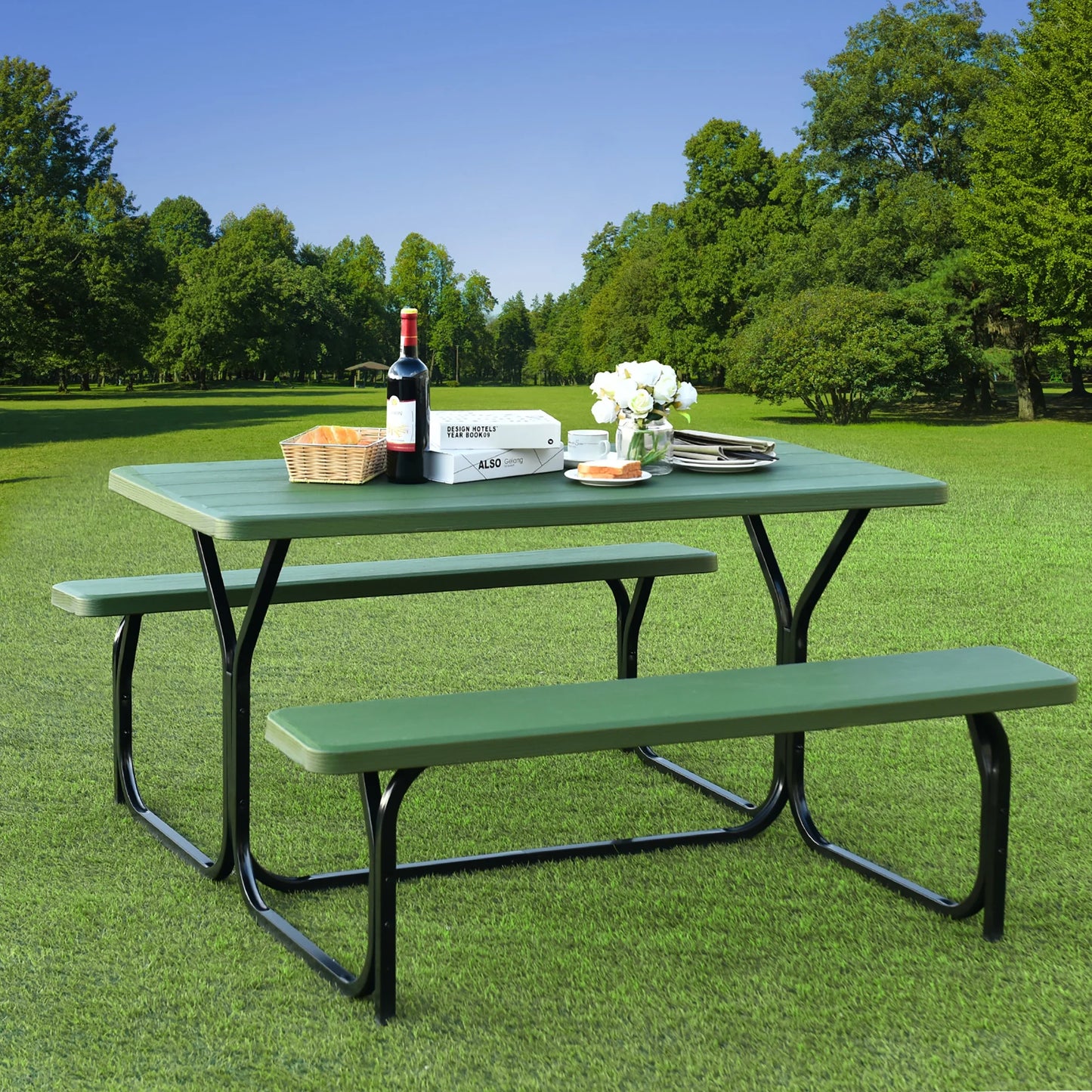 Gray Rectangle Metal Picnic Table Bench Set with Extension