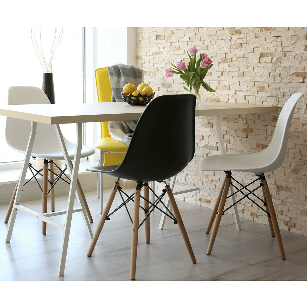Set of 2 Mid Century Modern Style Dining Side Chair Wood Leg White