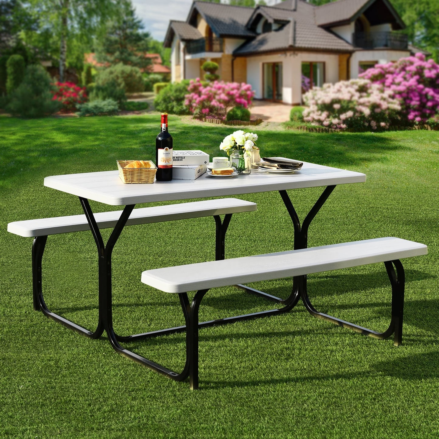 Gray Rectangle Metal Picnic Table Bench Set with Extension