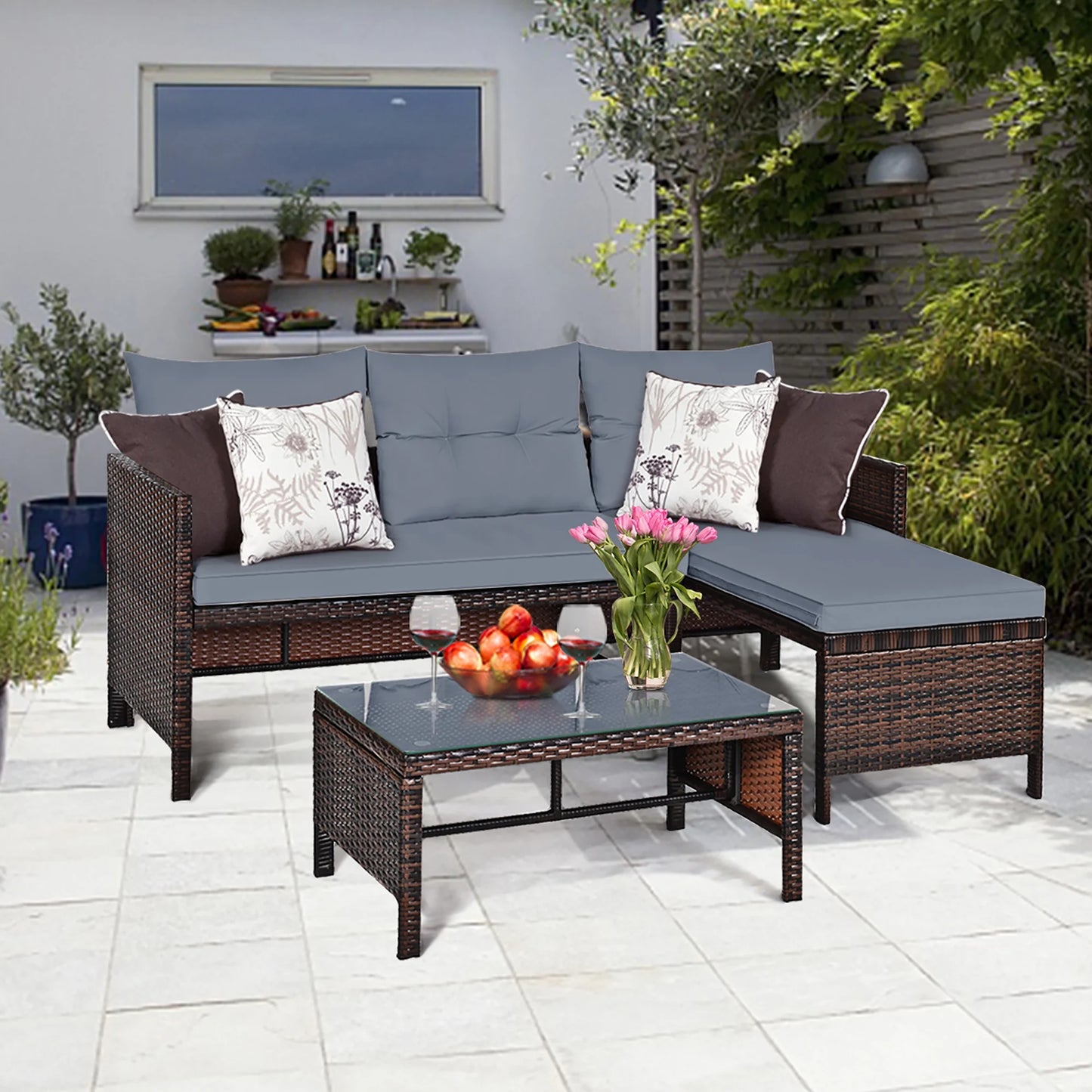 3PC Patio Sofa Set Outdoor Sectional Conversation Set Rattan Wicker