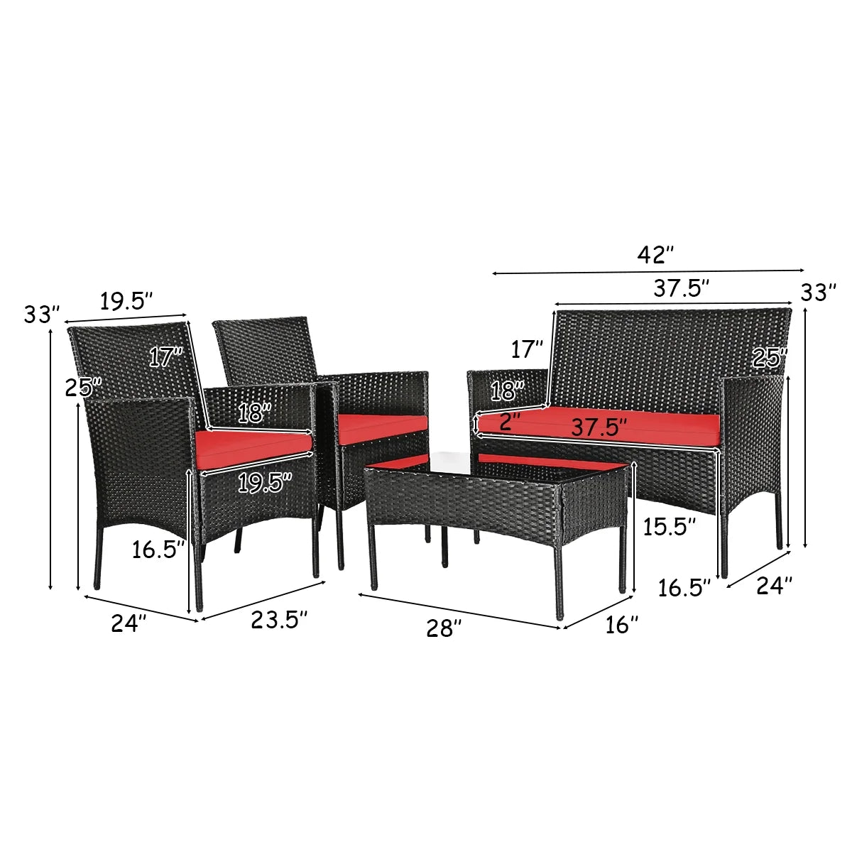 4PCS Patio Rattan Furniture Set Cushioned Sofa Coffee Table Backyard Porch Red