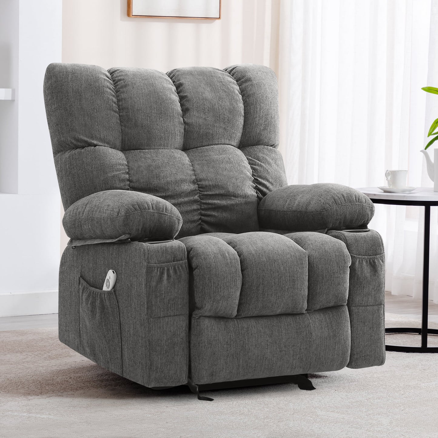 Manual Recliner Chair with Heat Therapy and Massage Function, Heavy Duty Reclining Mechanism Massage Chair, Elderly Single Rocker Sofa with Cup Holders for Bedroom Home Theater,Grey
