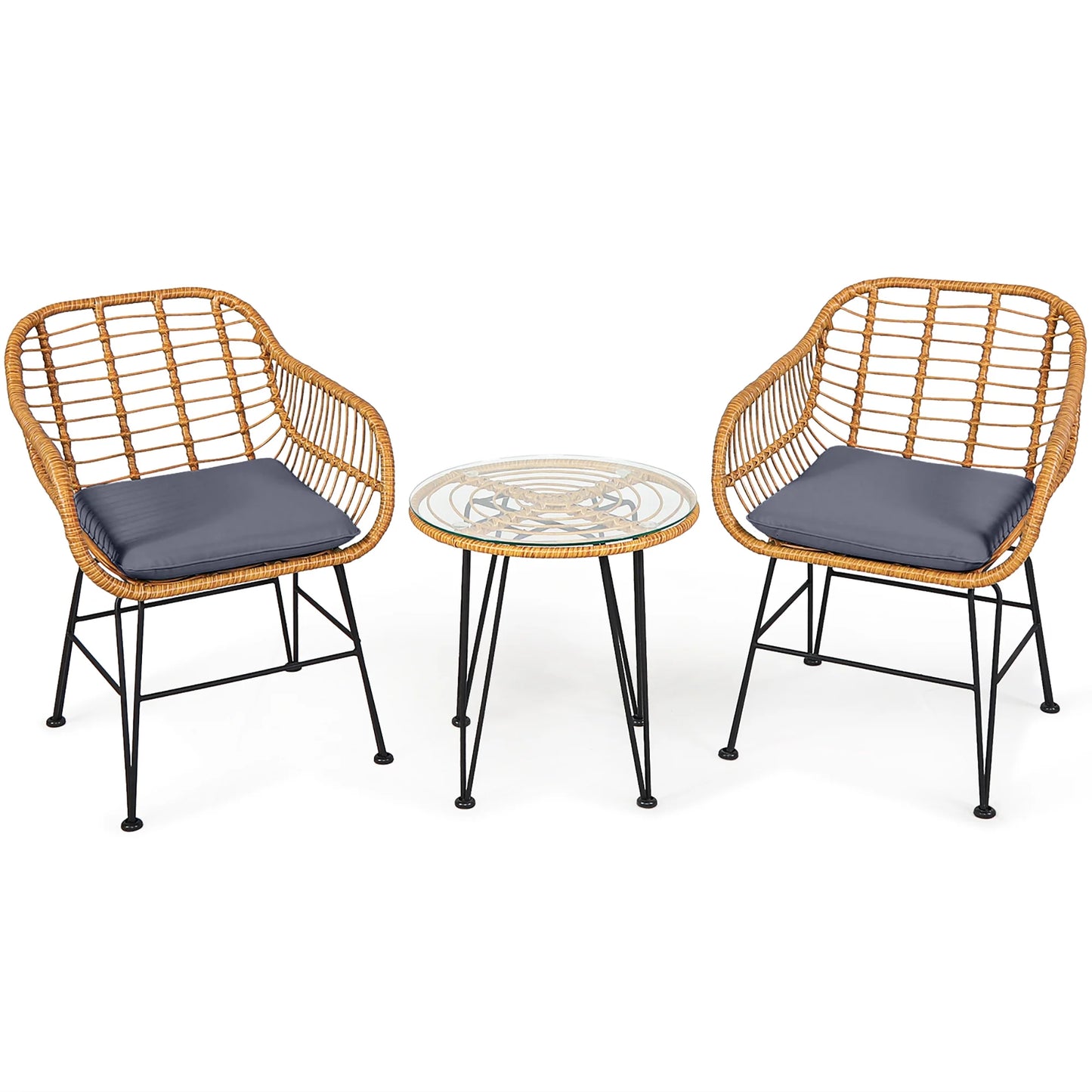 3PCS Patio Rattan Bistro Furniture Set Cushioned Chair Table Grey