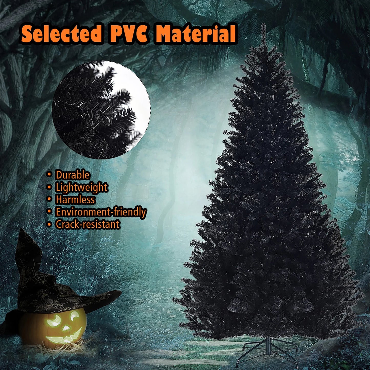 7.5Ft Hinged Artificial Christmas Tree Full Tree W/ Metal Stand Black