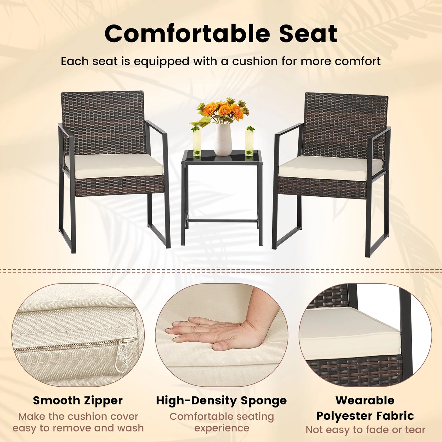 3Pcs Patio Furniture Set Heavy Duty Cushioned Wicker Rattan Chairs Table