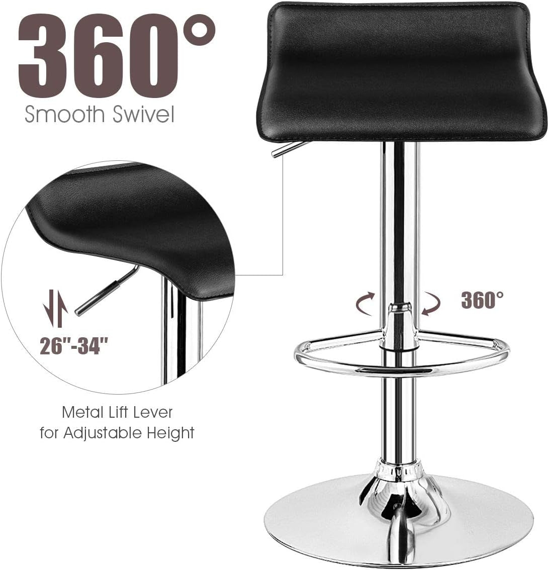 Bar Stools Set of 2, Modern Swivel Contemporary Barstools with Adjustable Height, Footrests, Chrome Hydraulic PU Leather Backless Bar Chairs for Kitchen Island Cafe Pub, Black