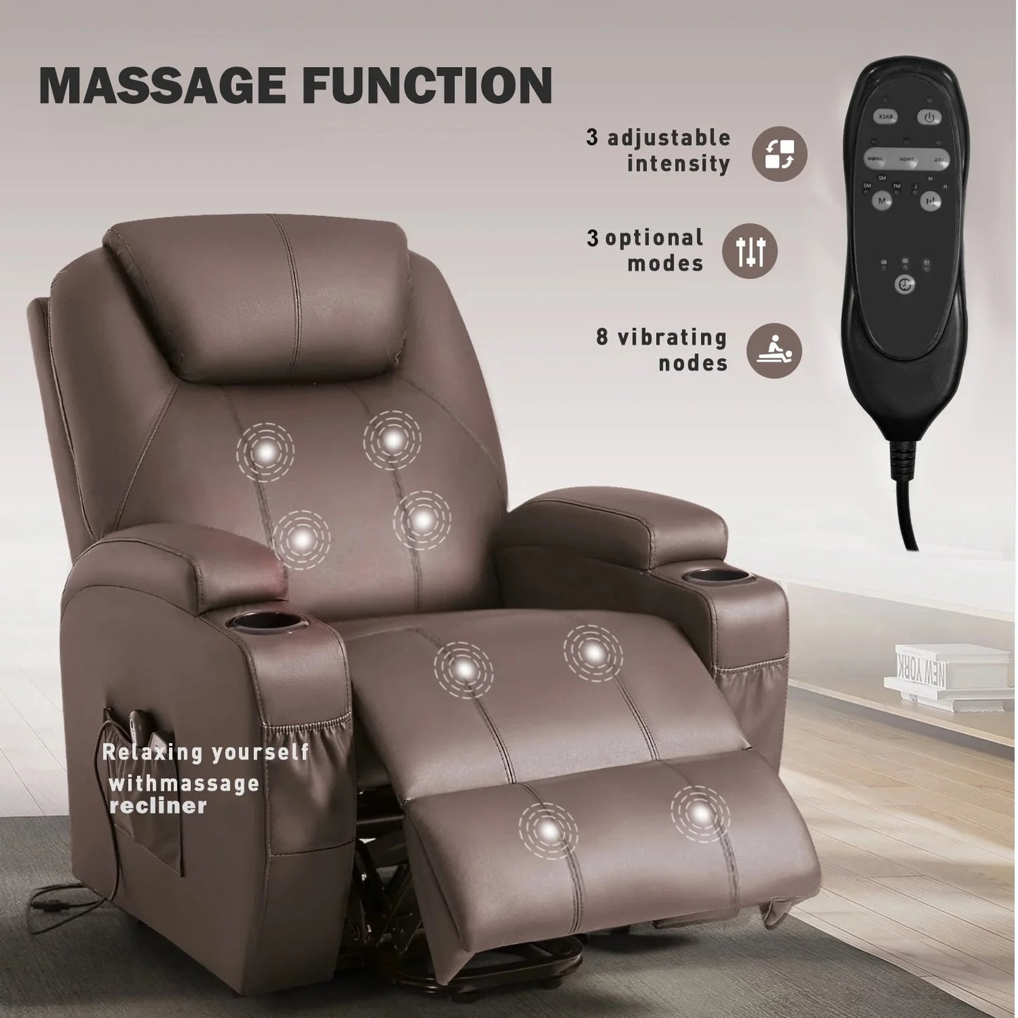 Electric Reclining Chair Elderly Lift Recliner with Massage Faux Leather,Brown