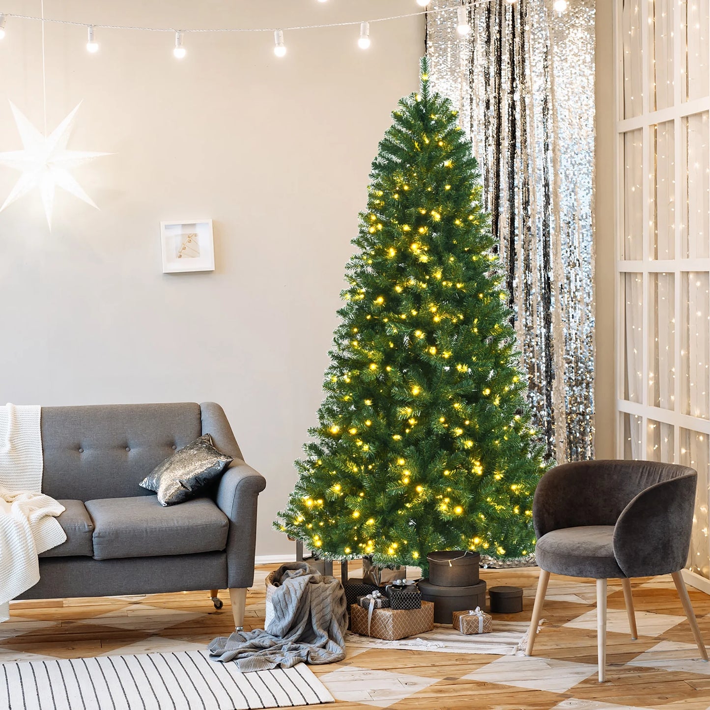 7Ft Pre-Lit Hinged Christmas Tree W/ Remote Control & 9 Lighting Modes