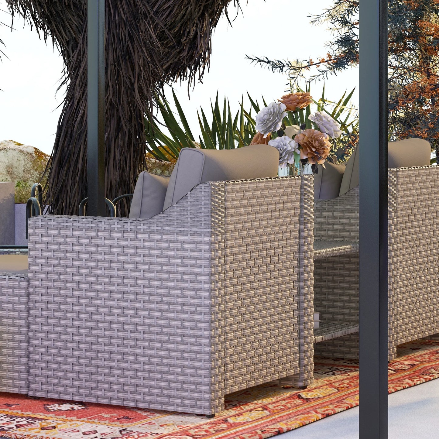 5-Piece PE Rattan Outdoor Patio Dining Set with Ottoman and Coffee Table, Gray