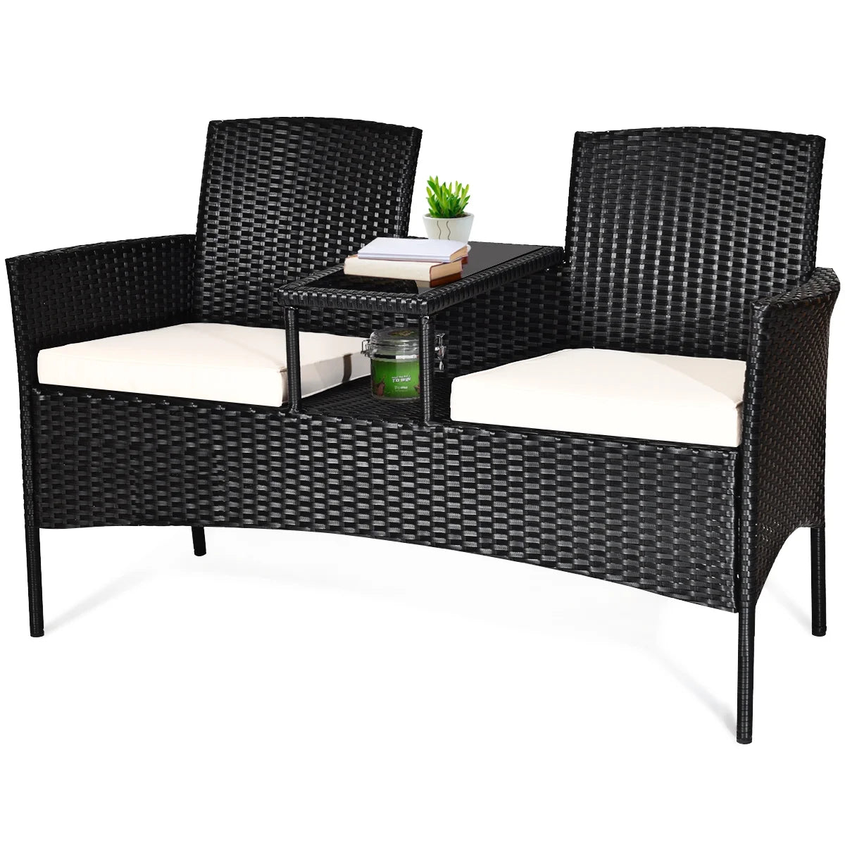 Patio Rattan Conversation Set Seat Sofa Cushioned Loveseat Glass Table Chairs