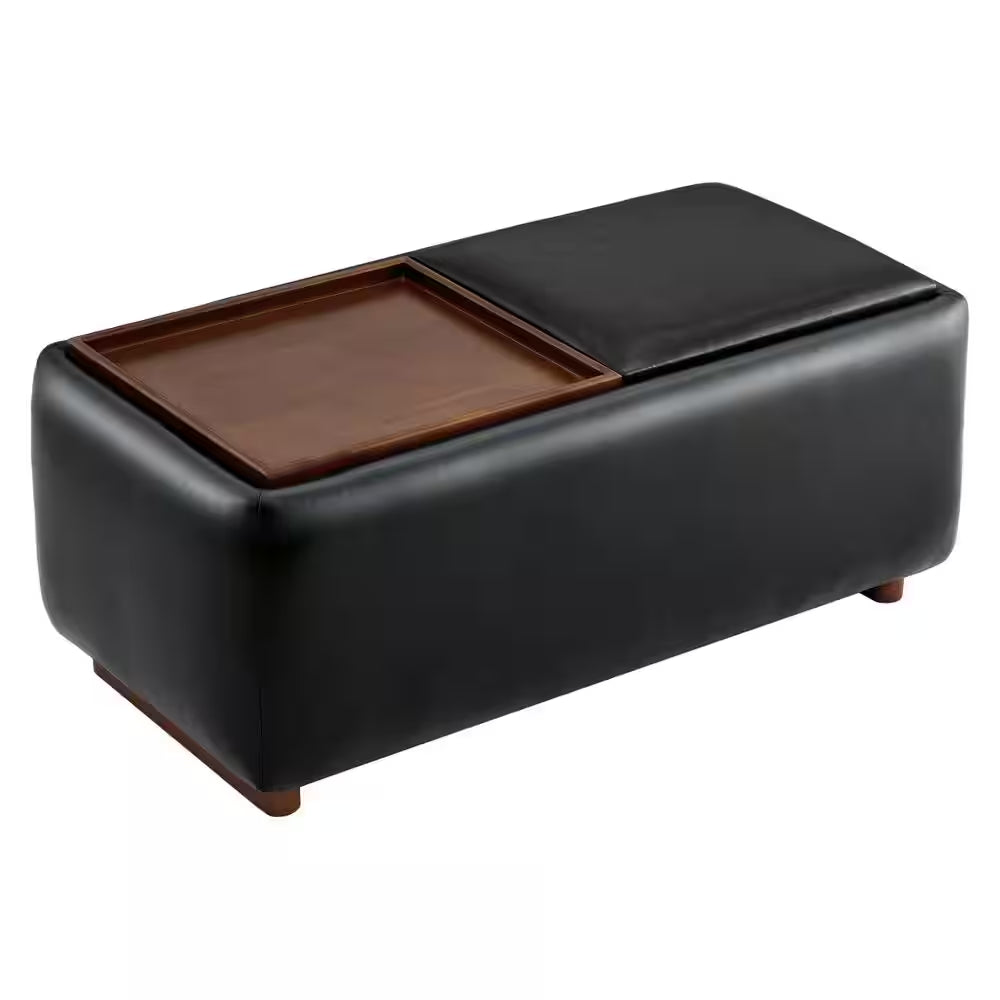 Calista Black Leather Tray Top Storage Ottoman with for Living Room and Bed Room