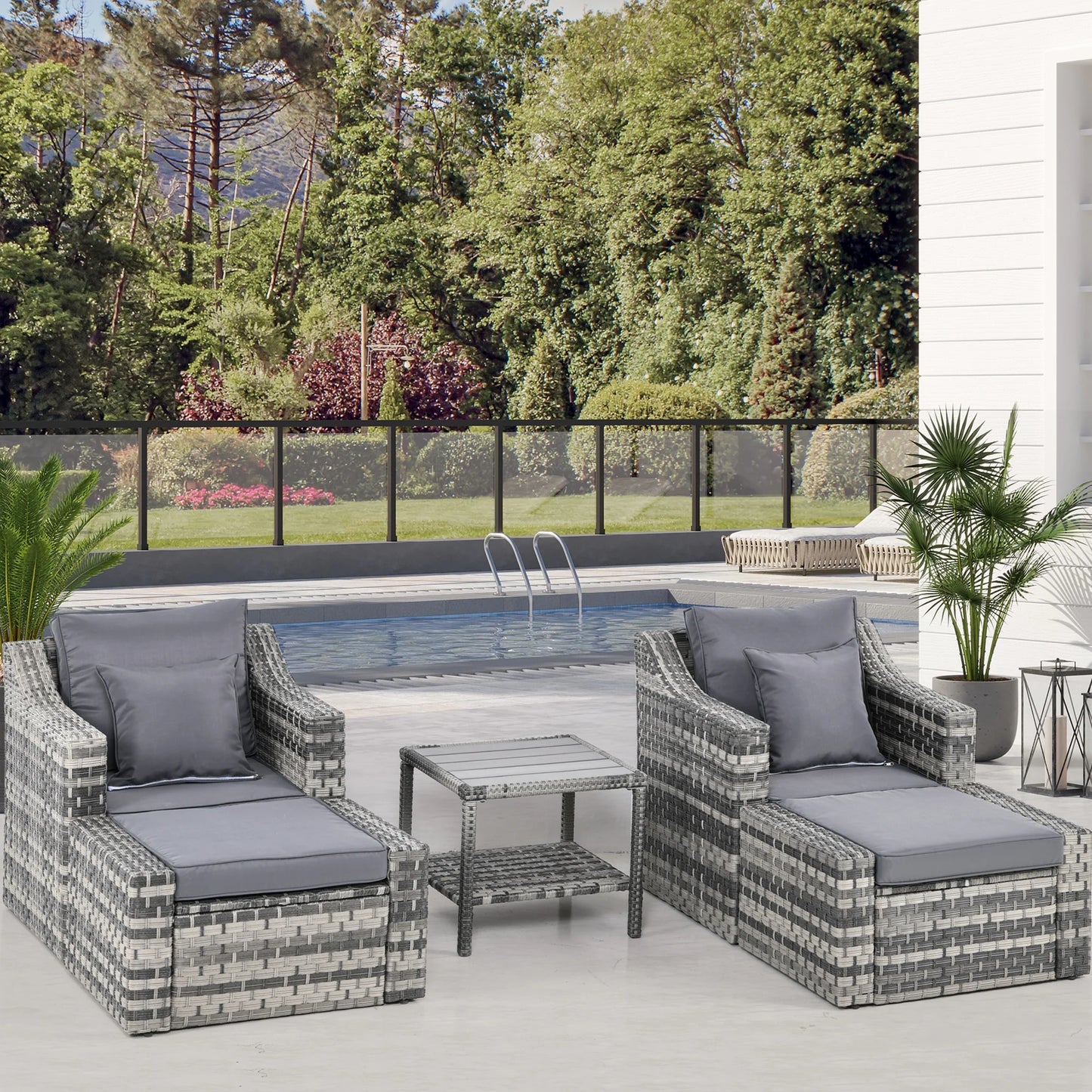 5-Piece PE Rattan Outdoor Patio Dining Set with Ottoman and Coffee Table, Gray