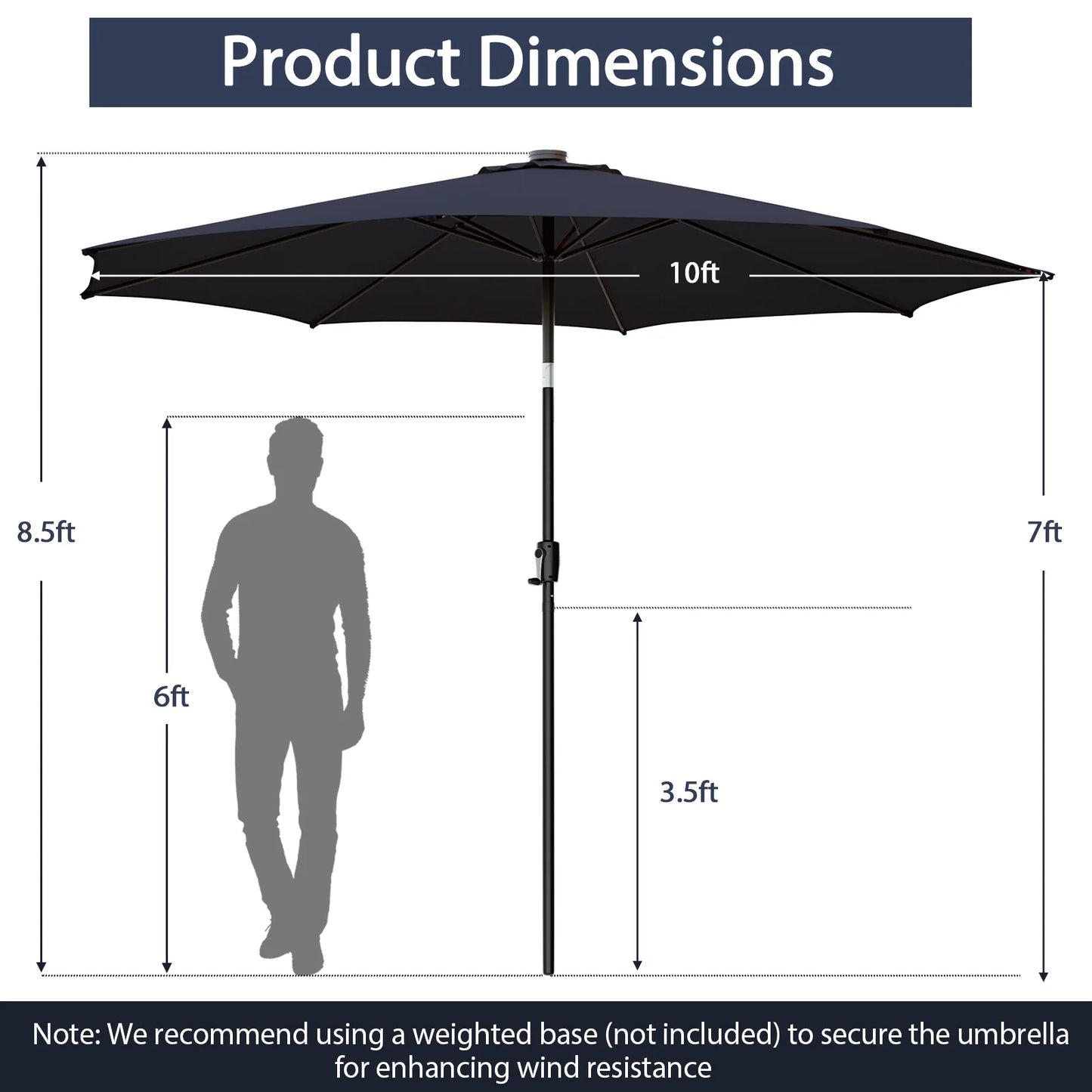 10' Navy round Market Patio Umbrellas, Solar Lighted