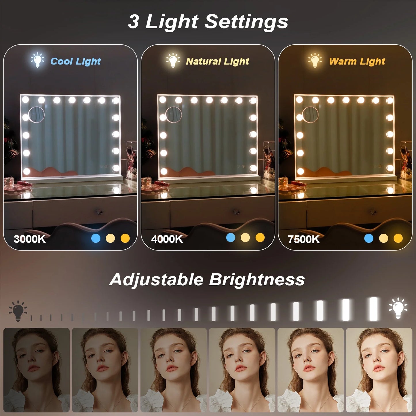 23''X18'' Vanity Mirror with Lights Bluetooth Tabletop Wall Mount Metal White
