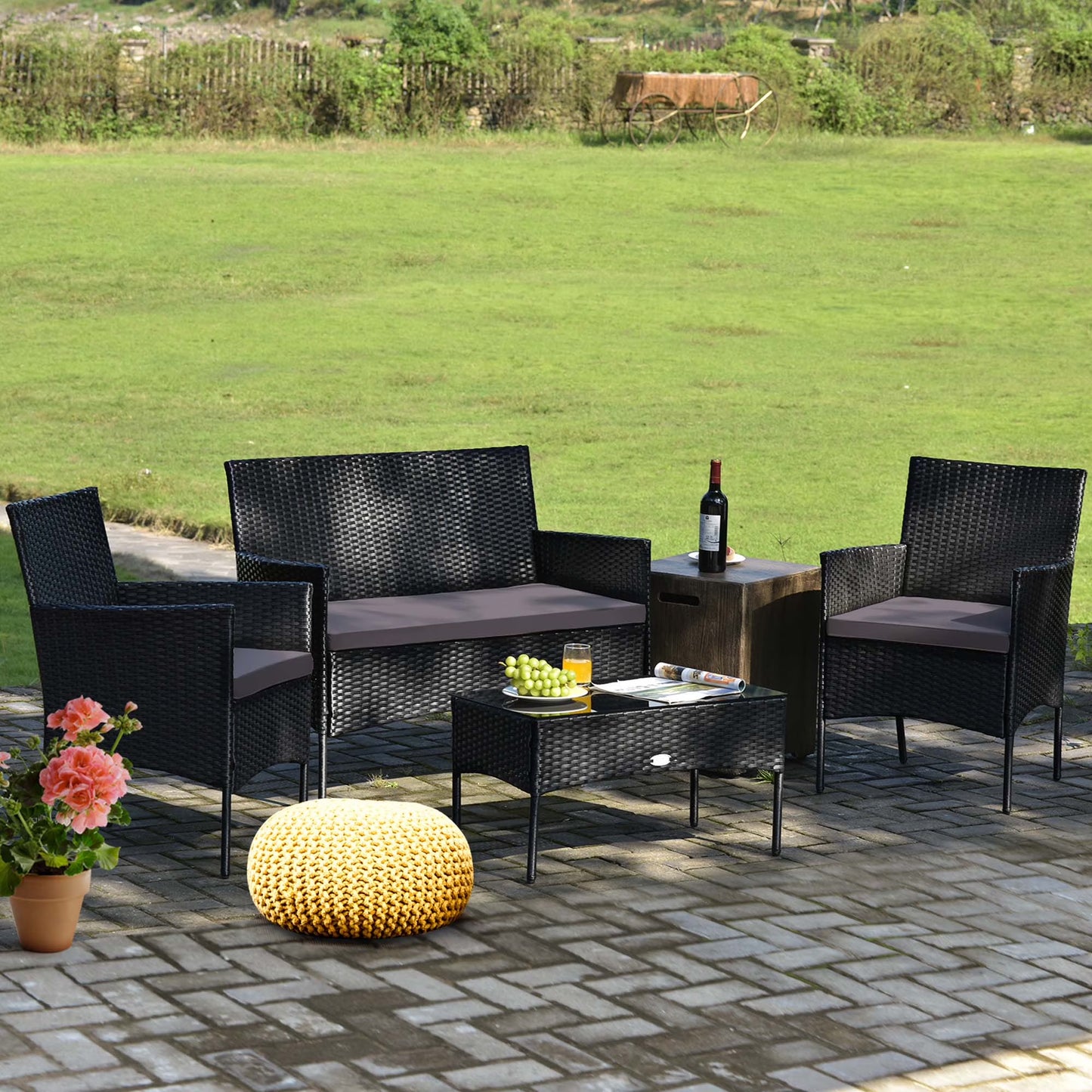 4PCS Patio Rattan Furniture Set Cushioned Sofa Coffee Table Backyard Porch Red