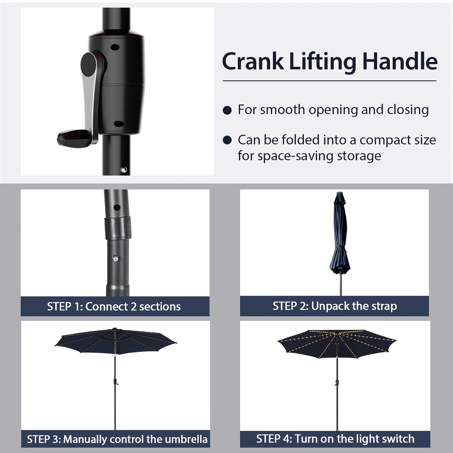 10' Navy round Market Patio Umbrellas, Solar Lighted