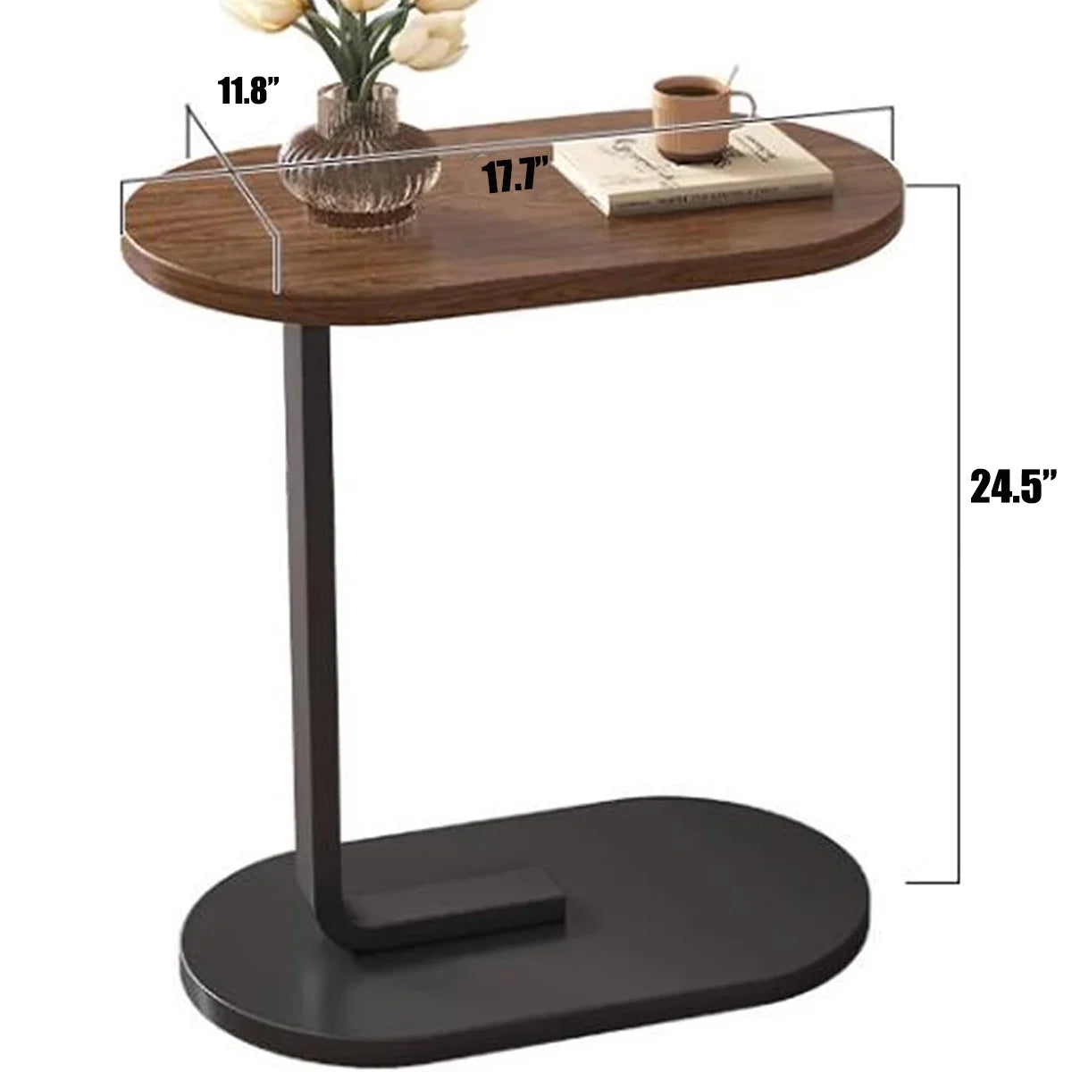 C-Shaped End Table Small Couch Side Table for Sofa Bedside Living Room Bedroom Furniture, 12" W X 18 L X 24.5" H, Walnut & Black
