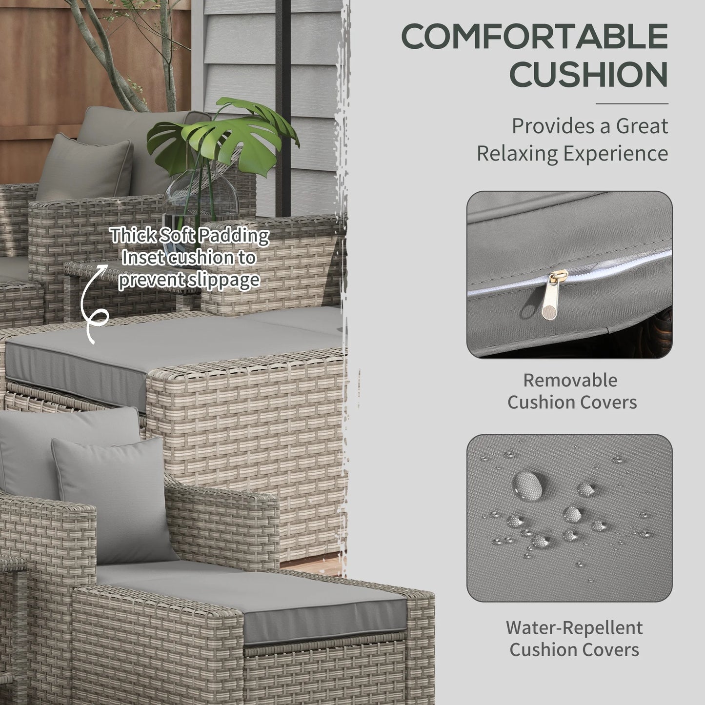 5-Piece PE Rattan Outdoor Patio Dining Set with Ottoman and Coffee Table, Gray