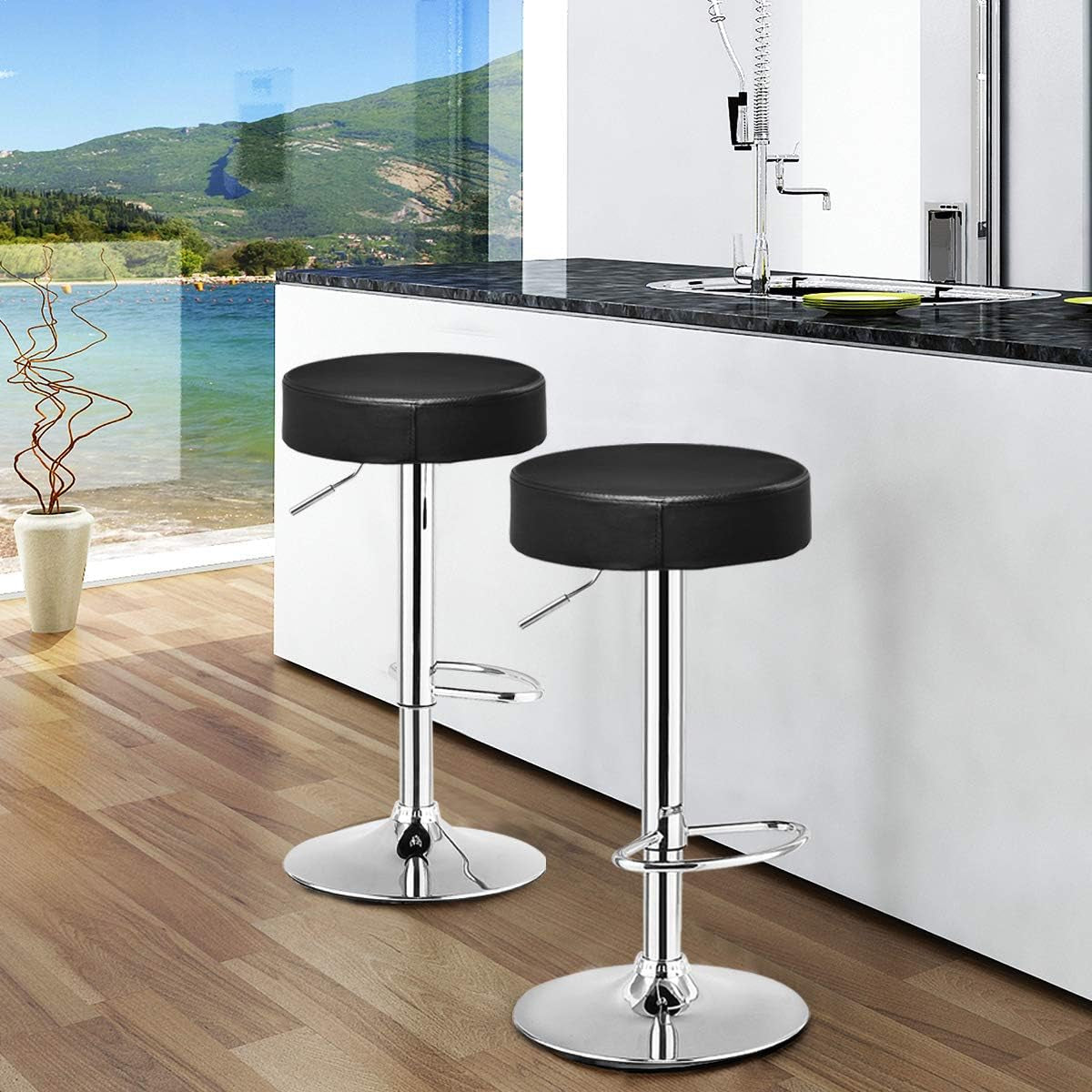 Bar Stool, Modern Swivel Backless round Barstool, PU Leather Armless Bar Chair with Height Adjustable, Chrome Footrest, Sturdy Metal Frame for Kitchen Dining Living Bistro Pub (Black, 1 Pc)