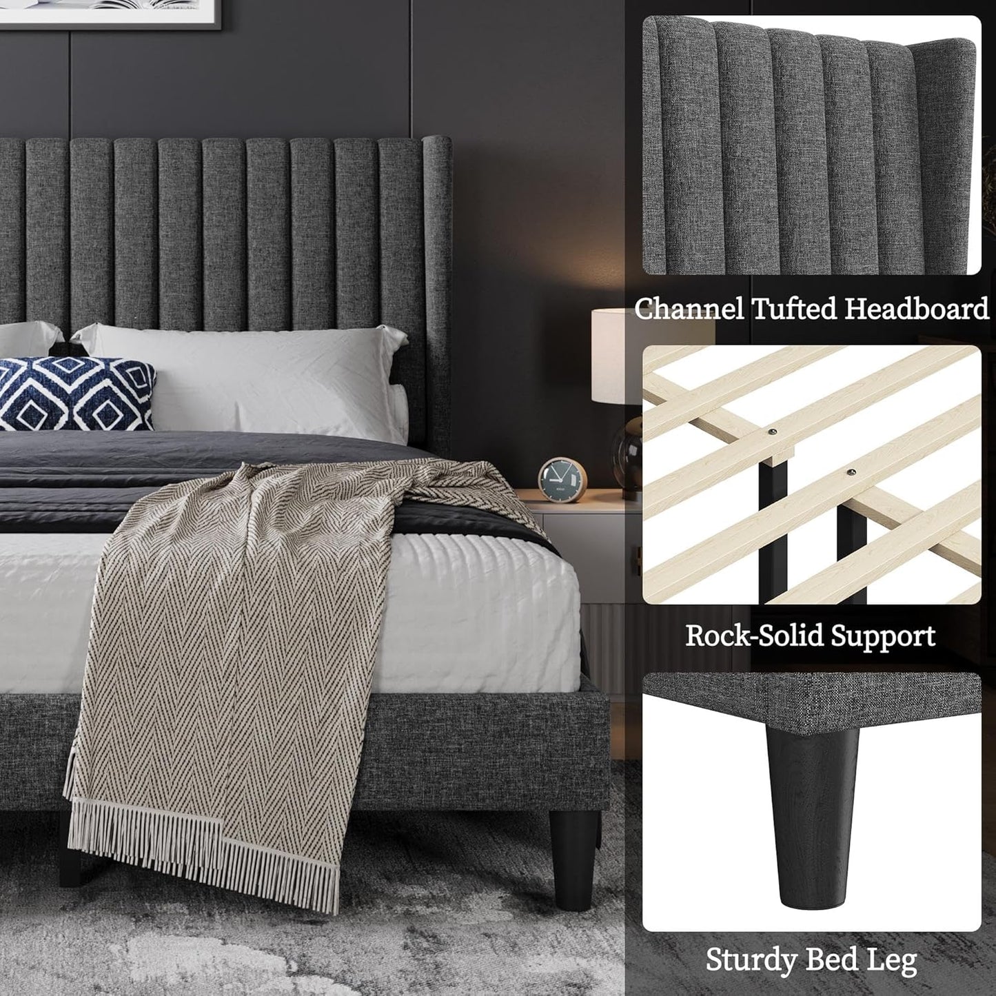 Queen Bed Frame Upholstered Platform Bed with Fabric Headboard, Wing Edge Design/Non-Slip and Noise-Free/Wooden Slats Support/No Box Spring Needed/Easy Assembly, Dark Gray Queen Bed