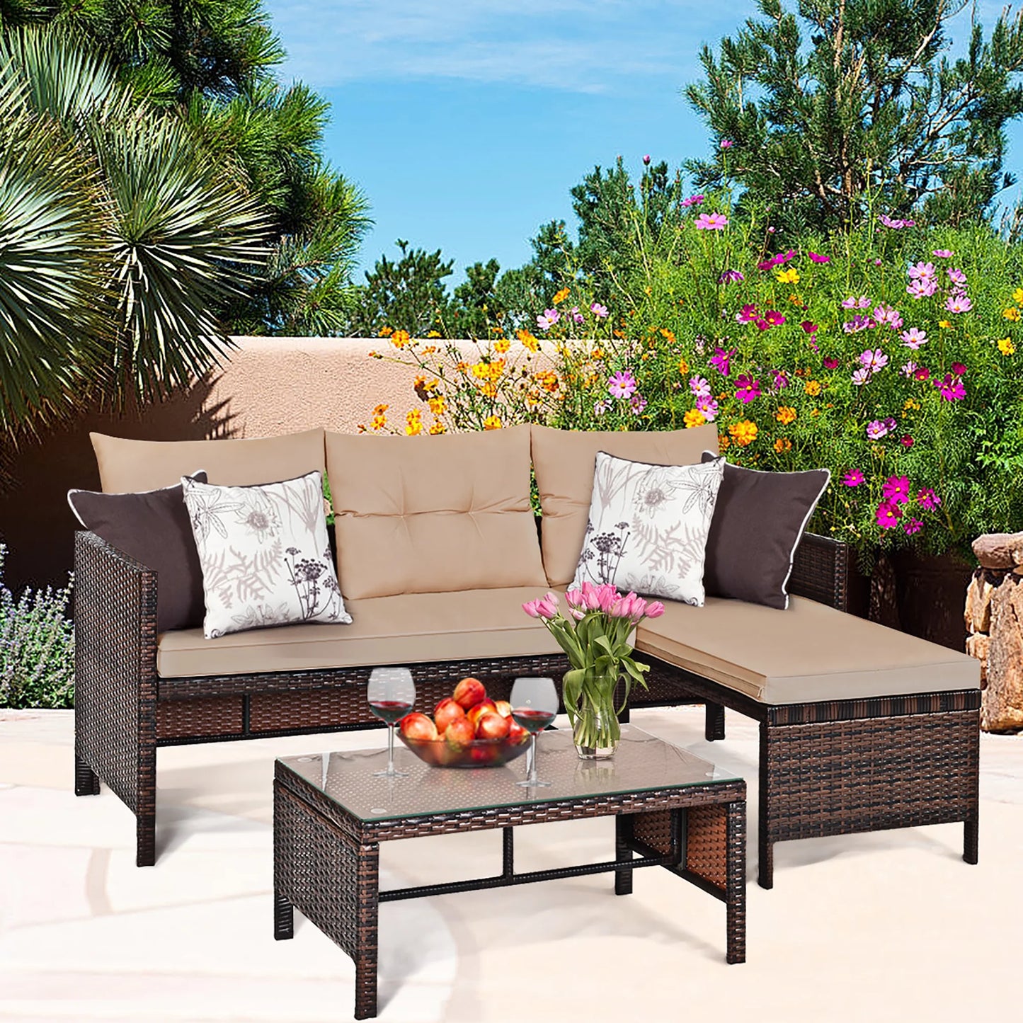 3PC Patio Sofa Set Outdoor Sectional Conversation Set Rattan Wicker