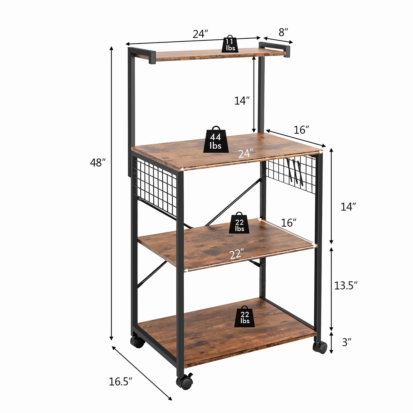 4-Tier Rolling Bakers Rack Industrial Utility Microwave Oven Stand Cart W/ Hooks