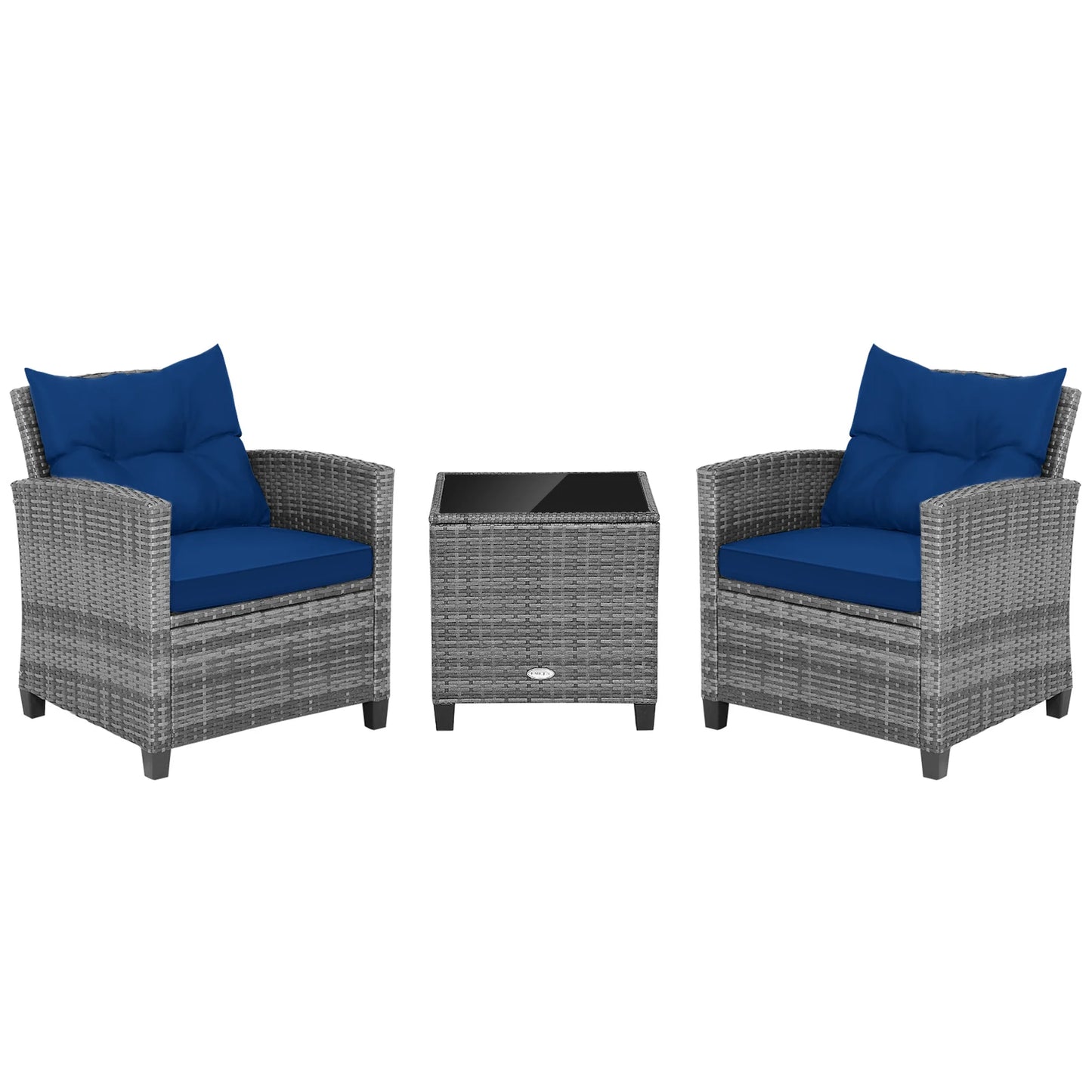 3PCS Patio Rattan Furniture Bistro Set Cushioned Sofas Side Table Armrest Navy