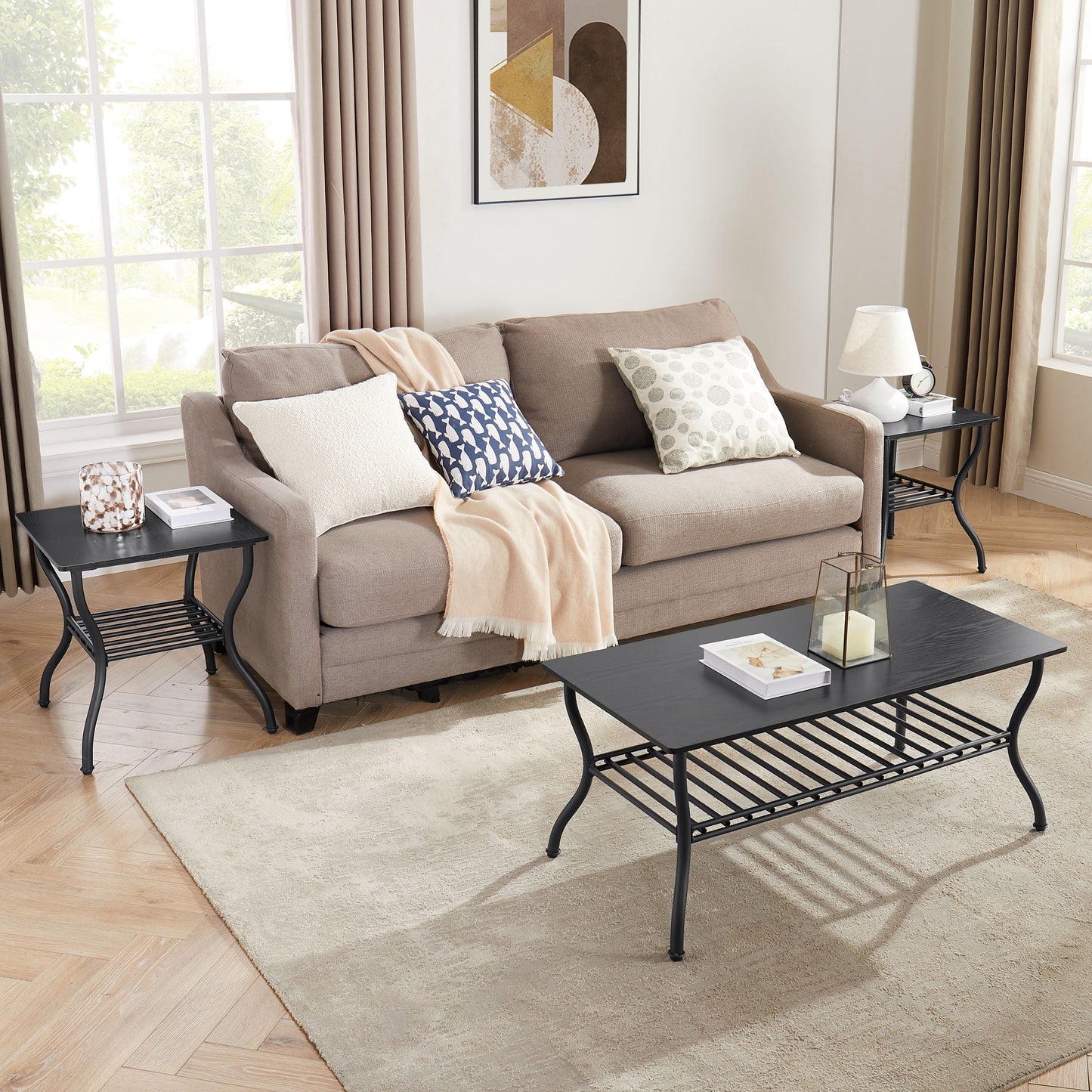 3 Piece Coffee Table Set,With 1 Coffee Table & 2 End Side Table,For Living Room,Metal+Wood