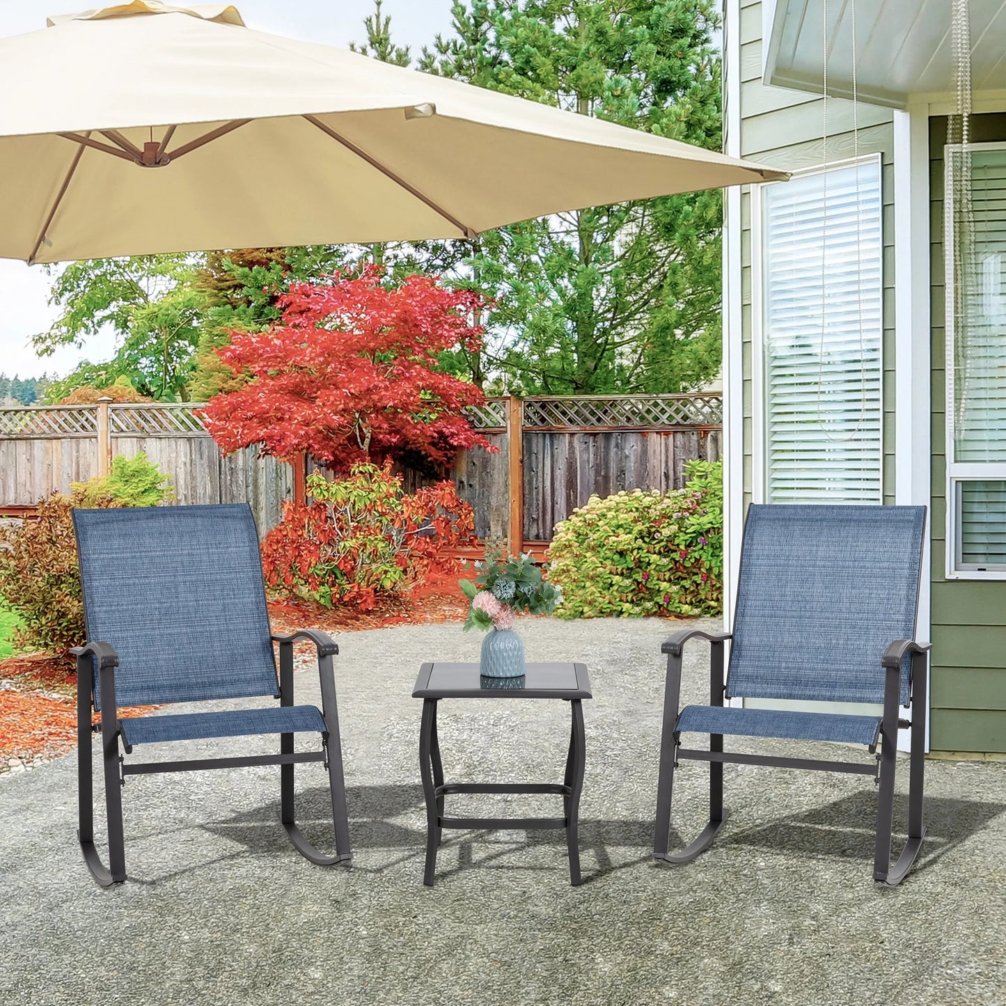 3 Pieces Rocking Bistro Patio Furniture Rocker Set with 2 Outdoor Rocking Chairs and 1 Glass Coffee Table for Porch Deck Lawn,Deep Blue