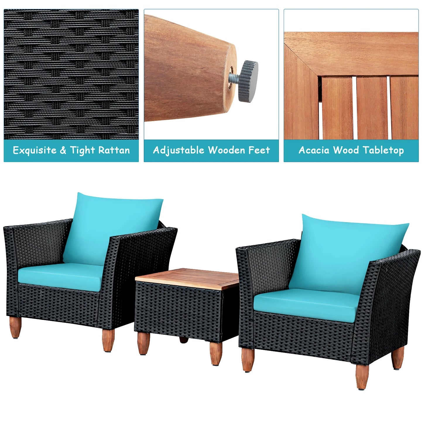 3PCS Outdoor Patio Rattan Furniture Set Wooden Table Cushioned Sofa Turquoise