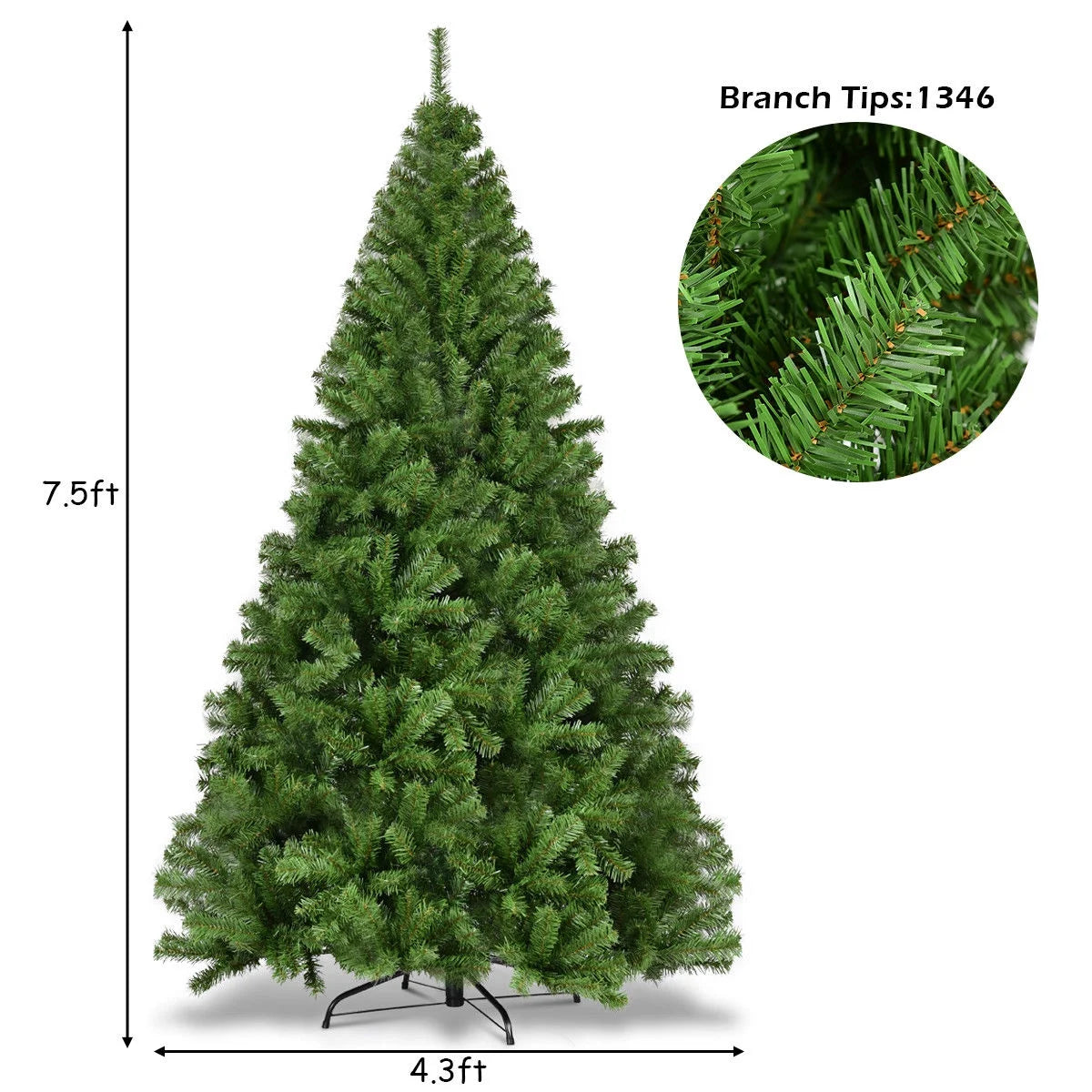 7.5FT PVC Christmas Tree 1346 Tips Hinged Solid Metal Leg