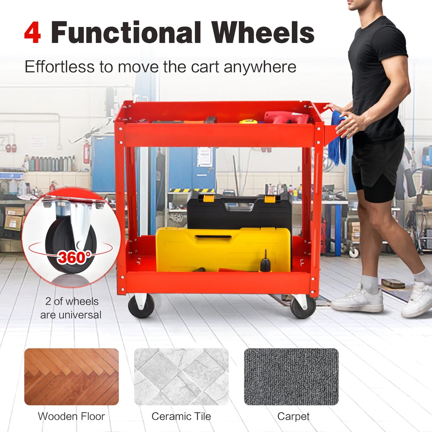 2-Tier Utility Cart Metal Service Cart Rolling Tool Storage Organizer with Handle Red