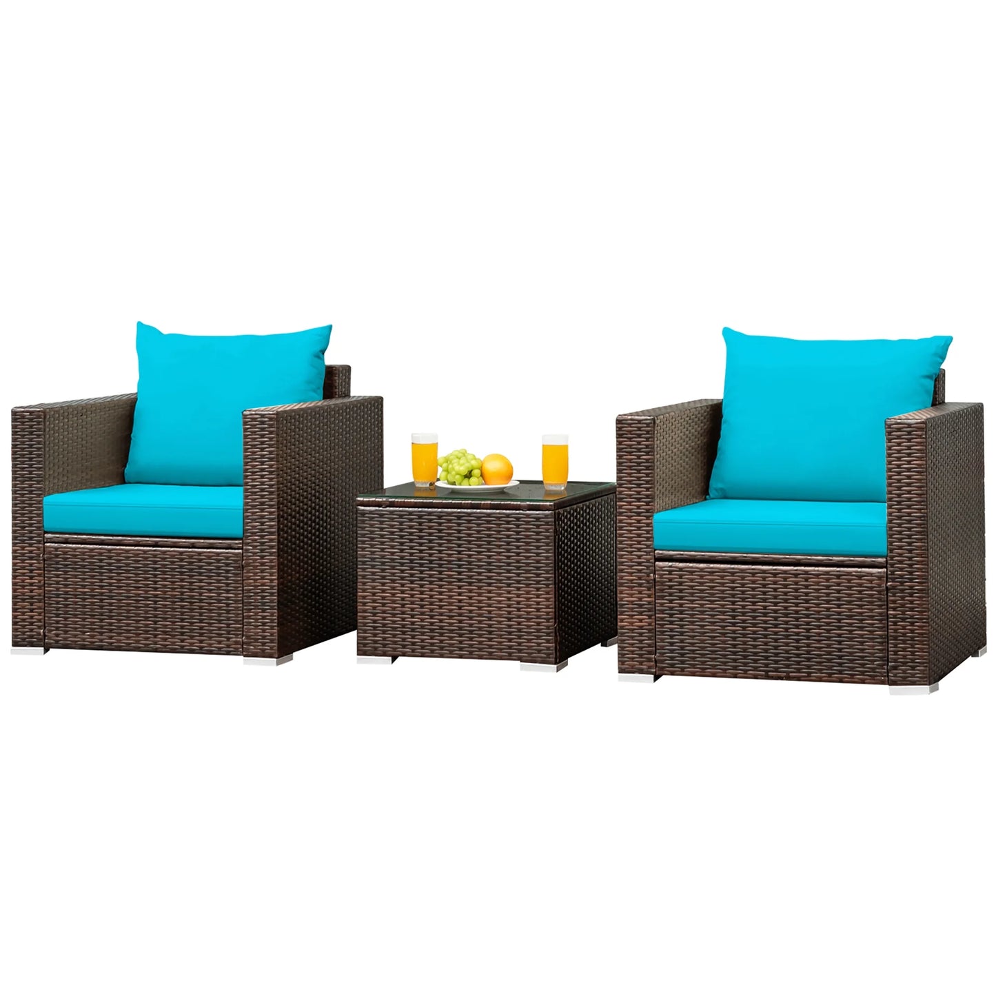 3PCS Patio Rattan Furniture Set Conversation Sofa Cushioned Turquoise
