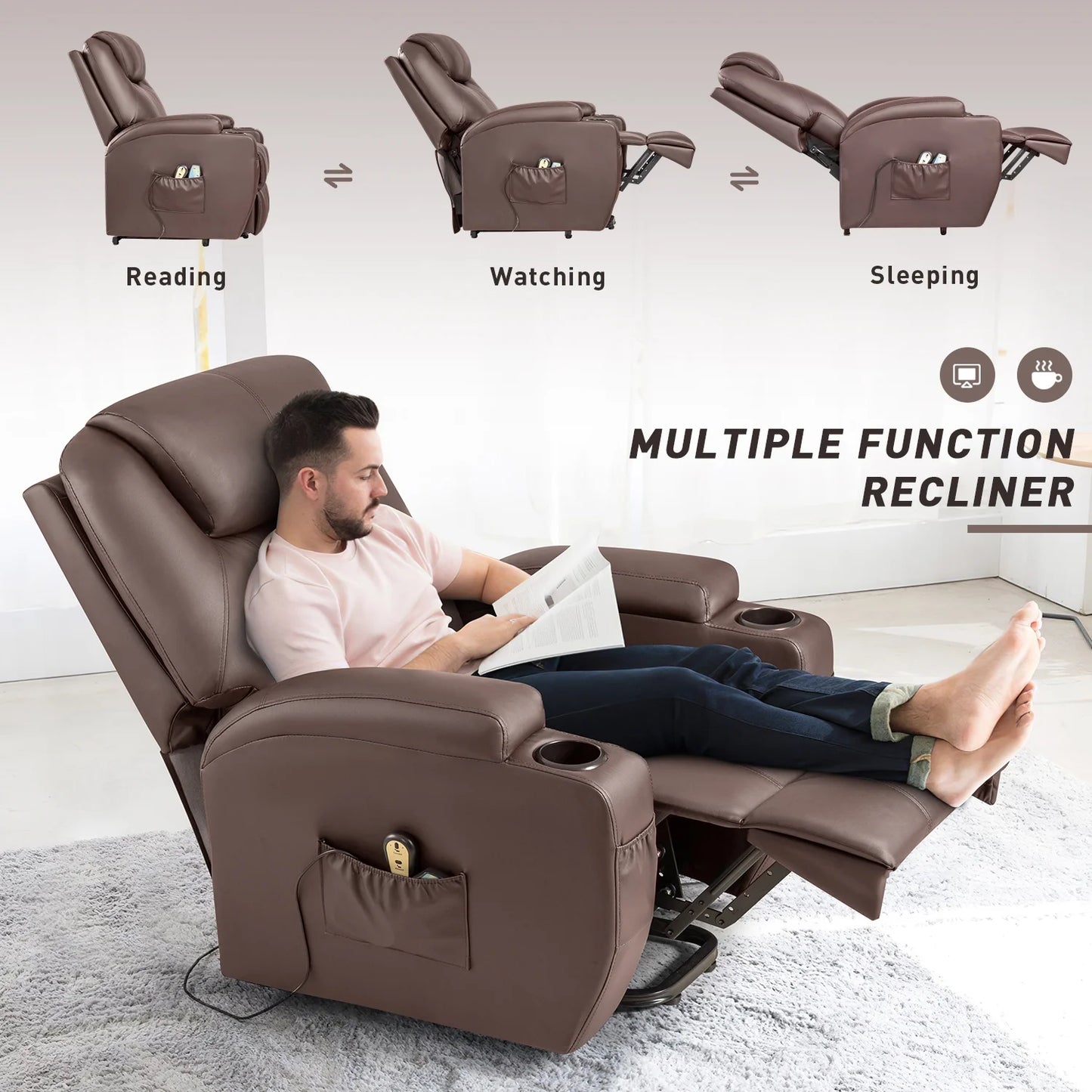 Electric Reclining Chair Elderly Lift Recliner with Massage Faux Leather,Brown