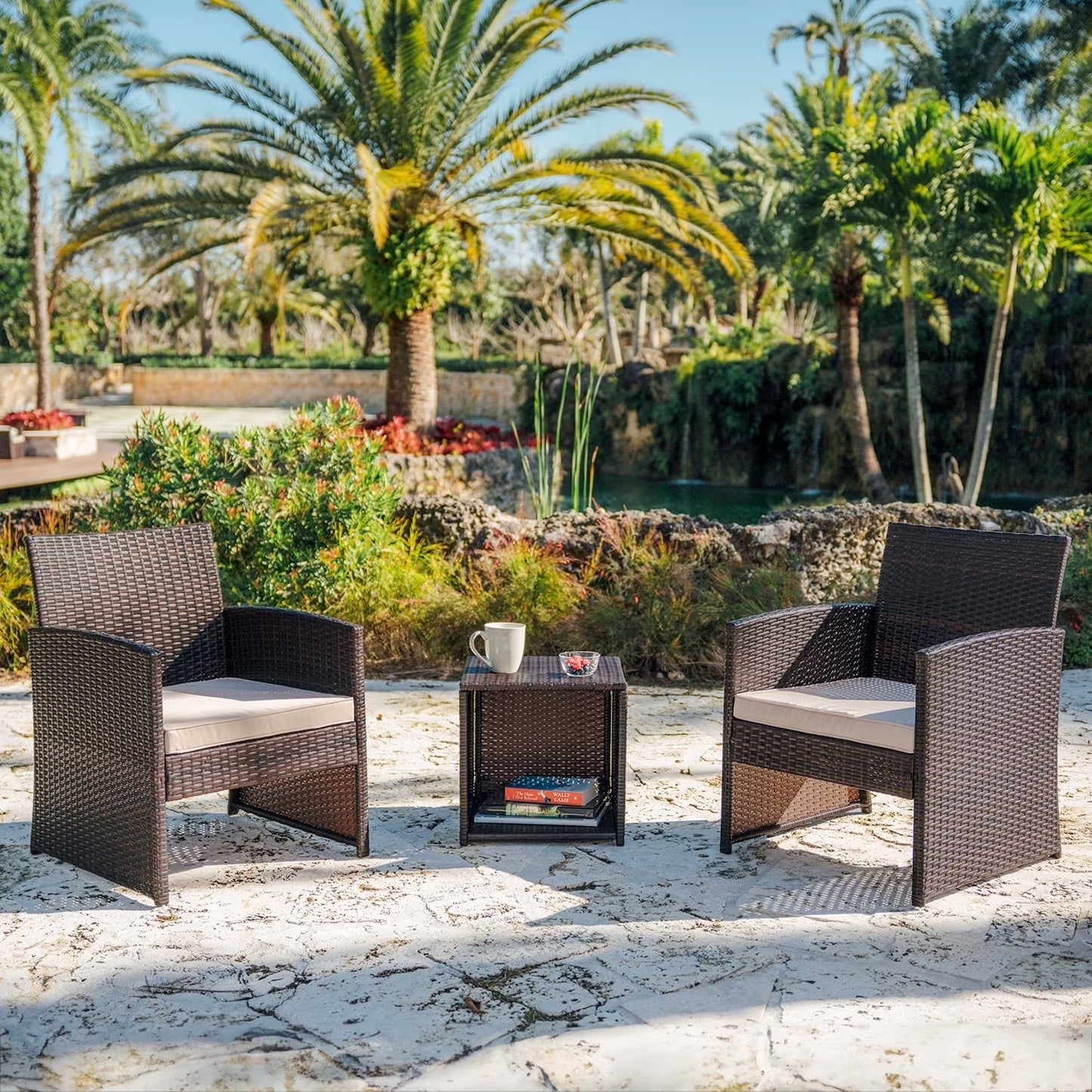 Outdoor Furniture Set, 4 Piece Wicker Patio Chairs Set, Brown with Beige Cushions
