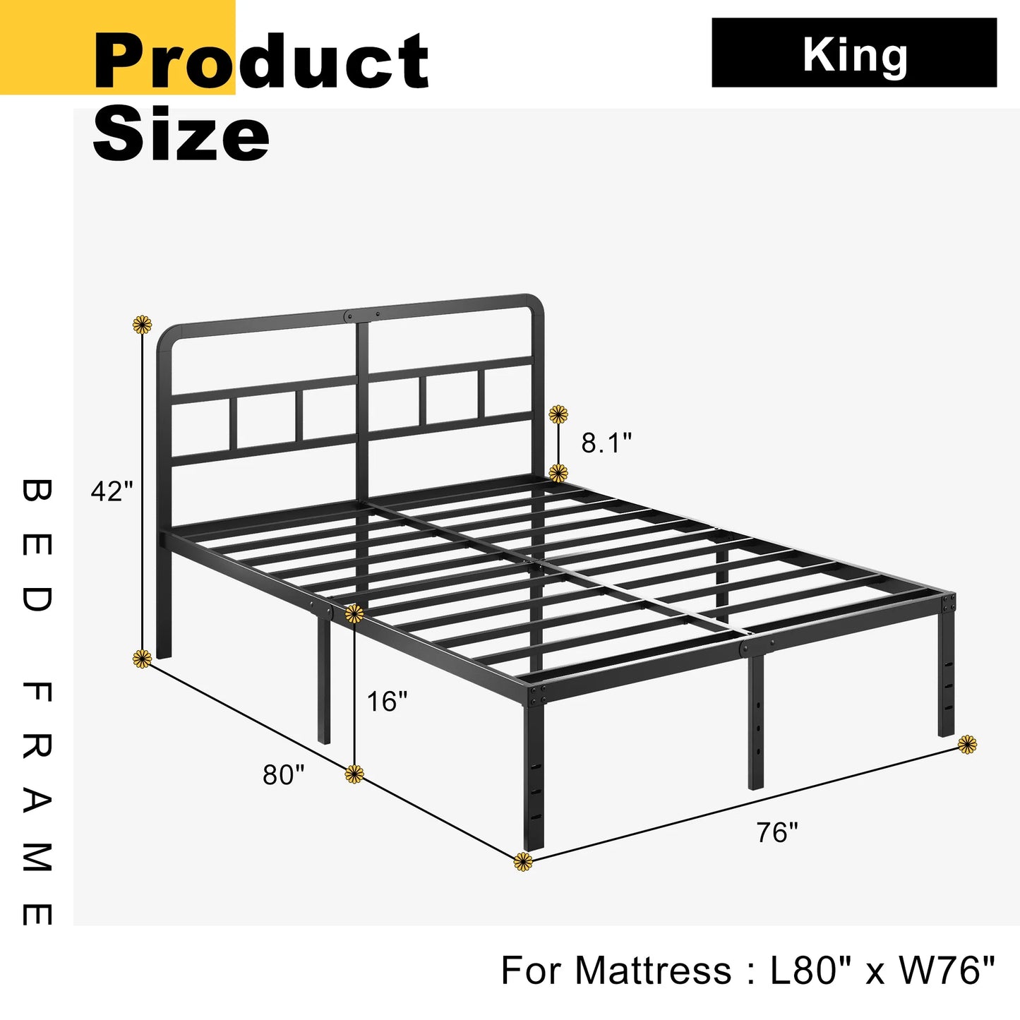 16 Inch King Size Bed Frame with Headboard, 16 Inch Metal Platform No Box Spring Needed Heavy Duty Steel Slat Mattress Foundation/Easy Assembly/Noise Free/Black