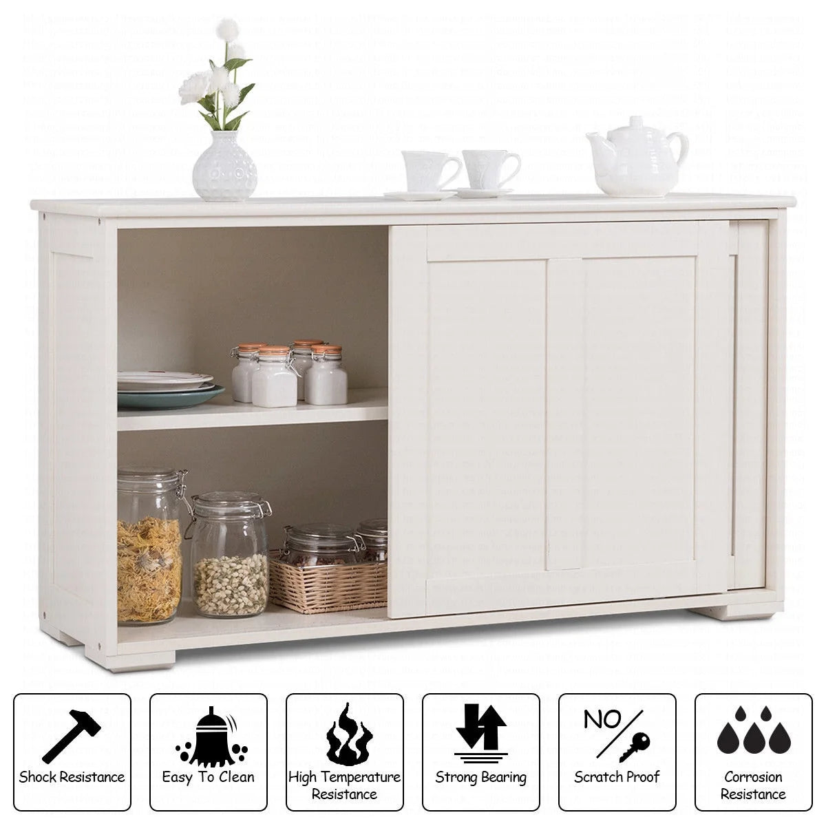 Kitchen Storage Cabinet Sideboard Buffet Cupboard Wood Sliding Door Pantry White