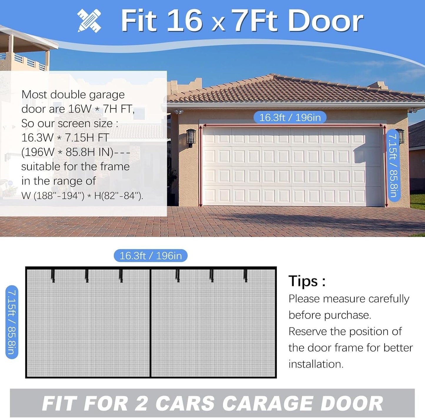 Garage Door Screen 2 Car Magnetic Heavy Duty Mosquito Insects Mesh Net 16 X 7 Ft