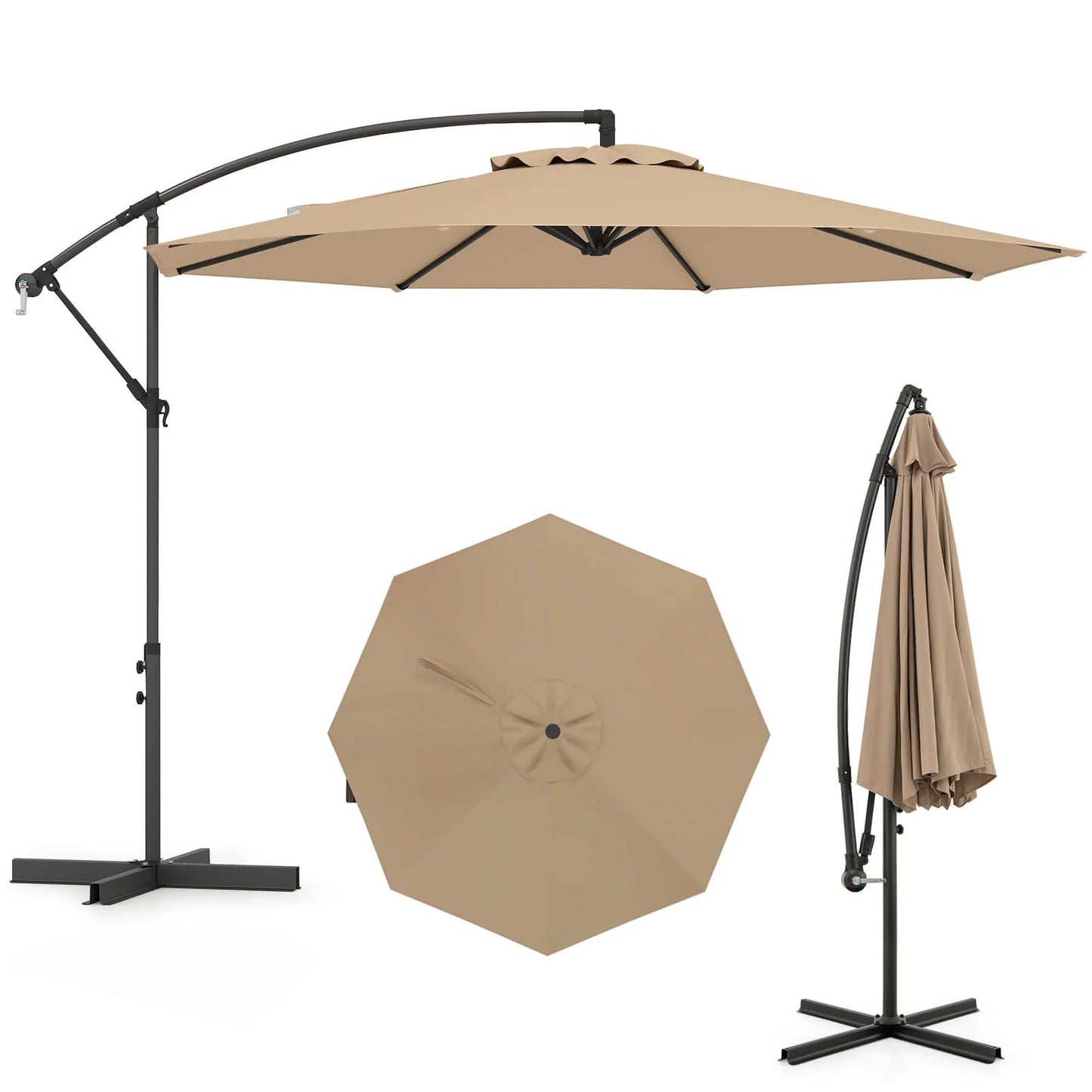 10' Hanging Umbrella Patio Sun Shade Offset Garden Market W/ T Cross Base Tan