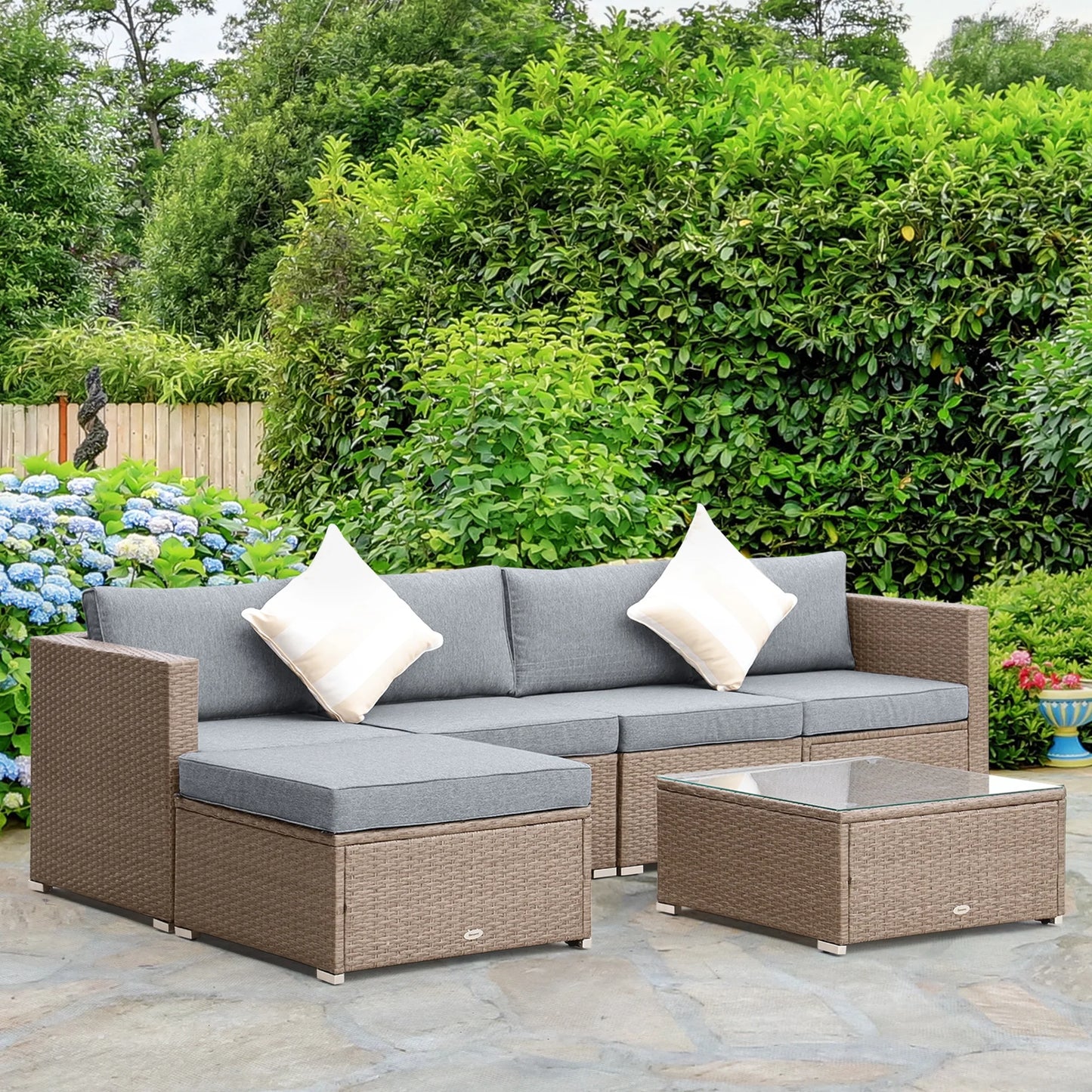 6 Pieces Patio Furniture Sets Outdoor Wicker All Weather PE Rattan Sectional Sofa Set with Ottoman, Cushions & Tempered Glass Desktop, Gray