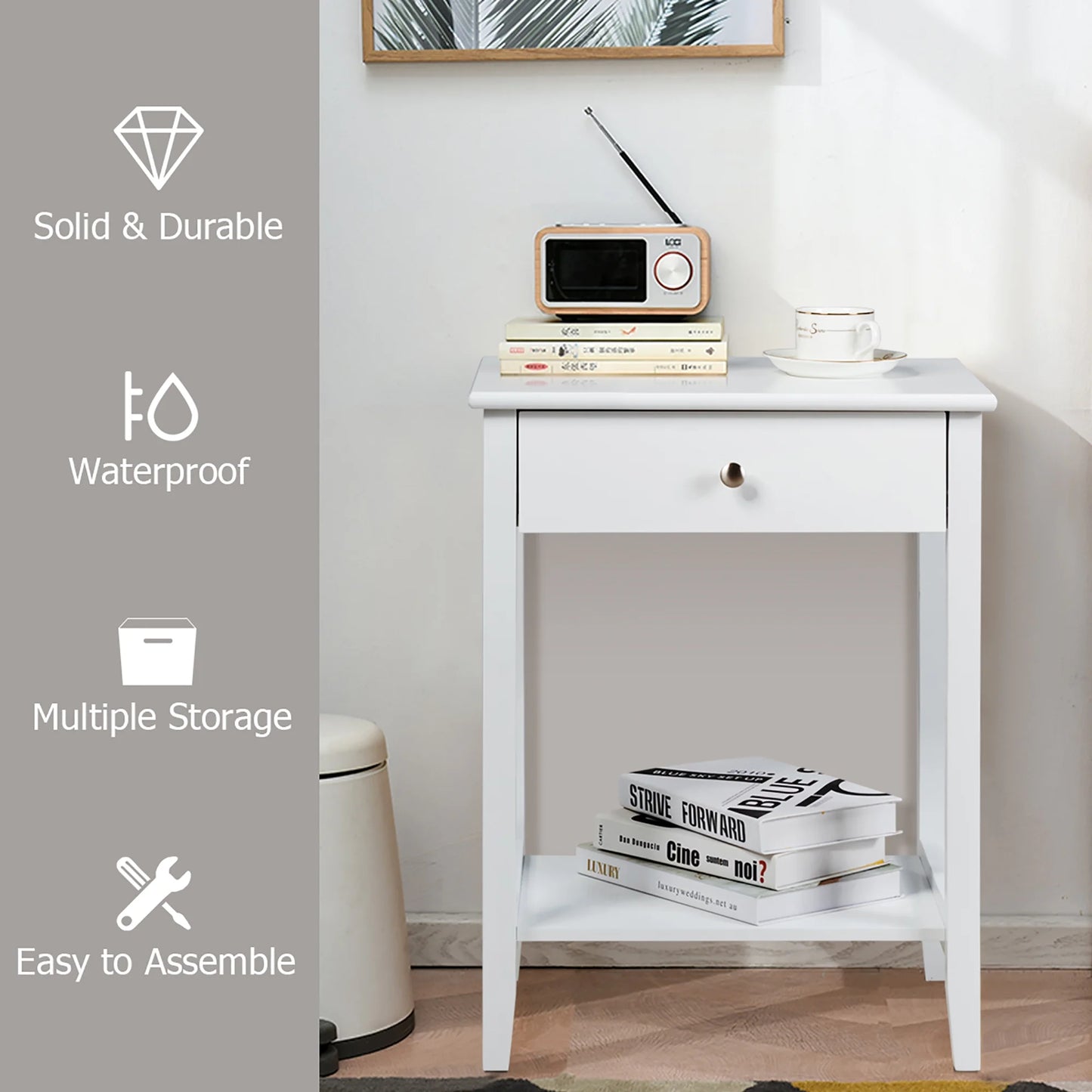 Nightstand End Table Storage Display Bedroom Furniture Drawer Shelf beside White