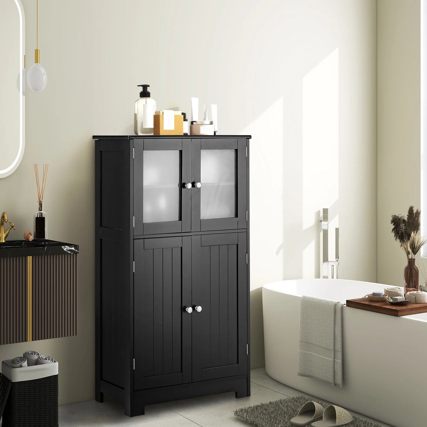 Bathroom Floor Storage Cabinet Kitchen Cupboard W/Doors&Adjustable Shelf Black