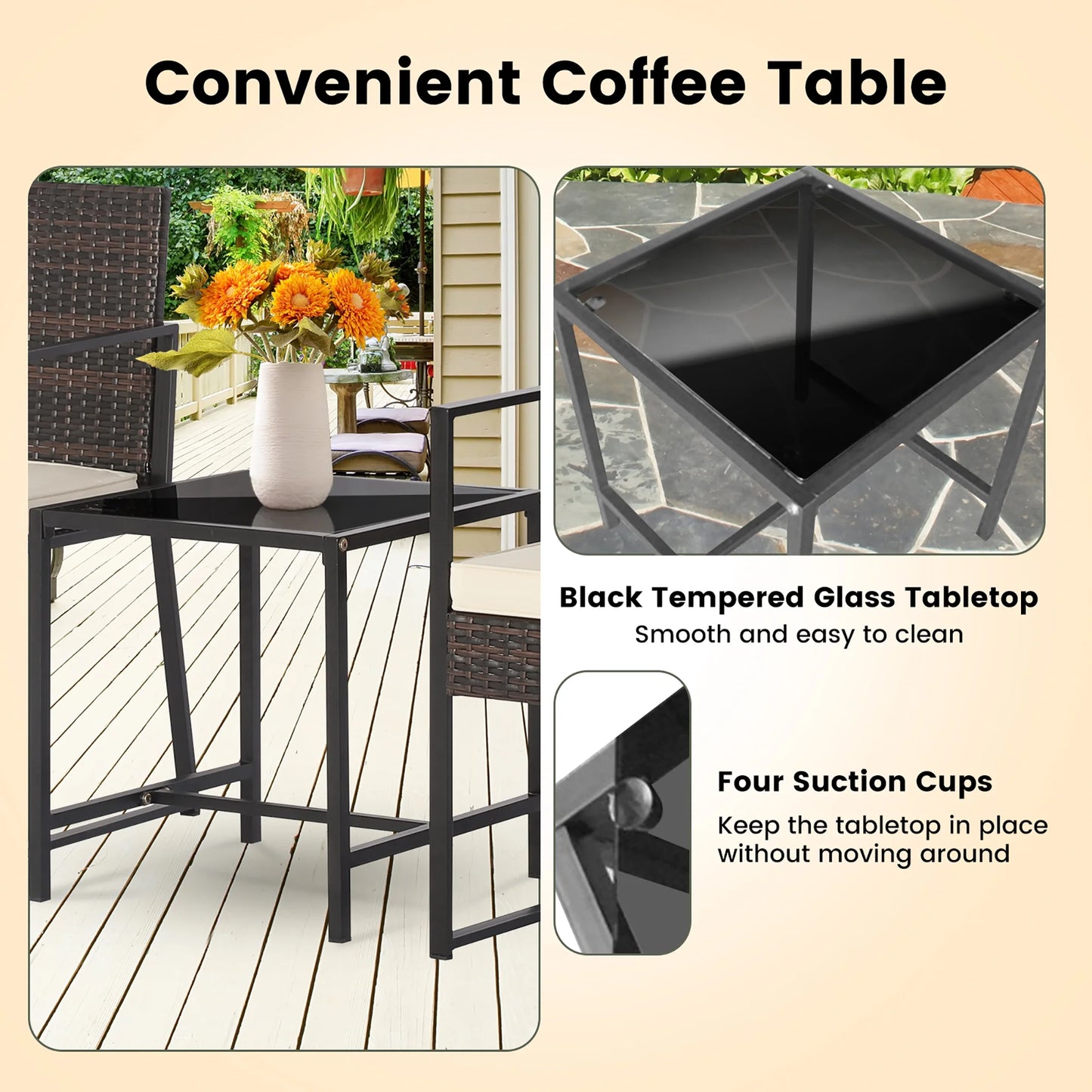 3Pcs Patio Furniture Set Heavy Duty Cushioned Wicker Rattan Chairs Table