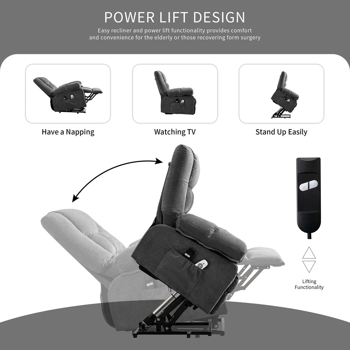 Power Lift Recliner Chair Recliners for Elderly with Heat and Massage Recliner Chair for Living Room with Infinite Position and Side Pocket,Usb Charge Port,Grey