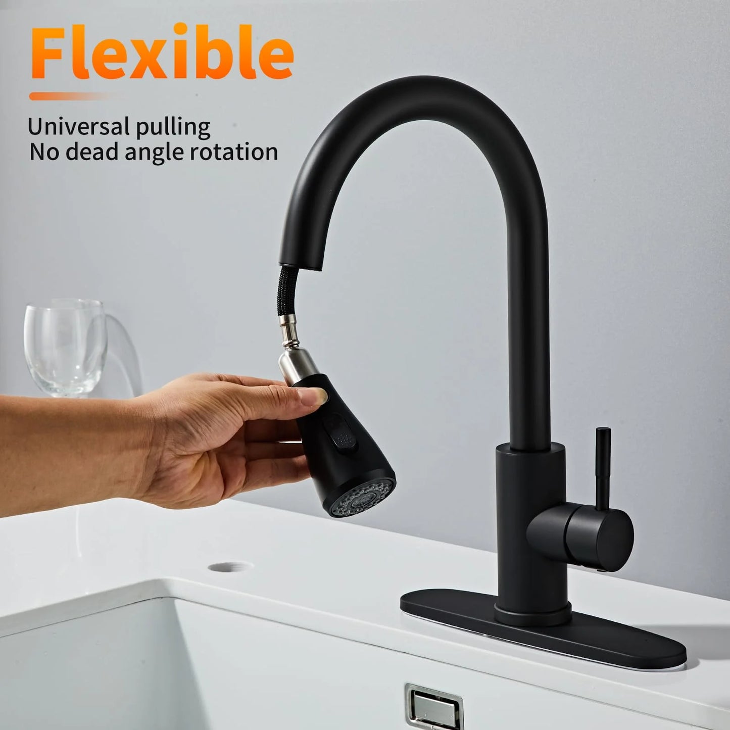 VQJTCVLY Black Kitchen Faucets, Waterfall Kitchen Sink Faucet, Commercial Utility Stainless Steel Kitchen Faucets,Single Handle Kitchen Sink Faucet for 3 Function