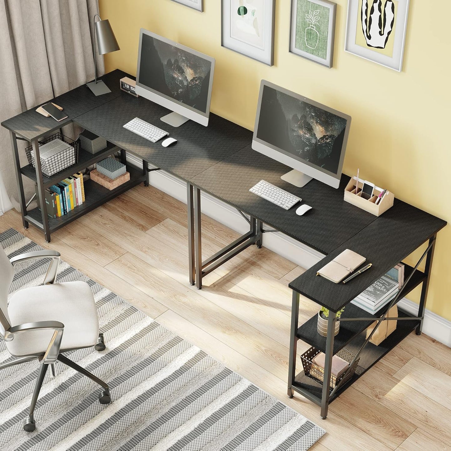 Small L Shaped Gaming Desk with Shelves 47 Inch Reversible Corner Computer Desk Writing Storage Table for Home Office Small Space, Carbon Fiber