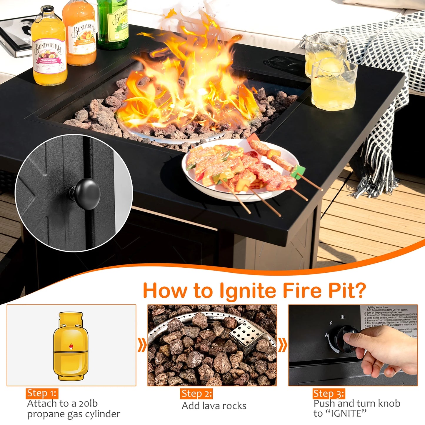 28'' Propane Fire Pit Table 50,000 BTU Patio Square Gas Fireplace W/Lava Rock