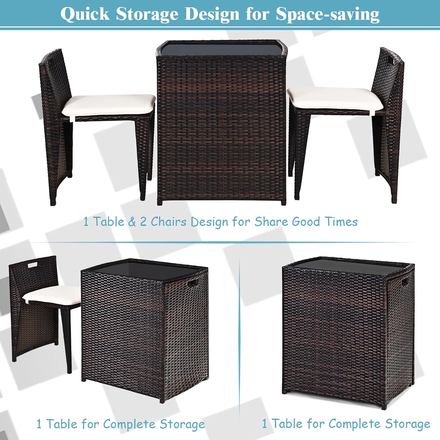 3PCS Outdoor Patio Rattan Furniture Set Space Saving Garden Deck W/Cushion No Assembly